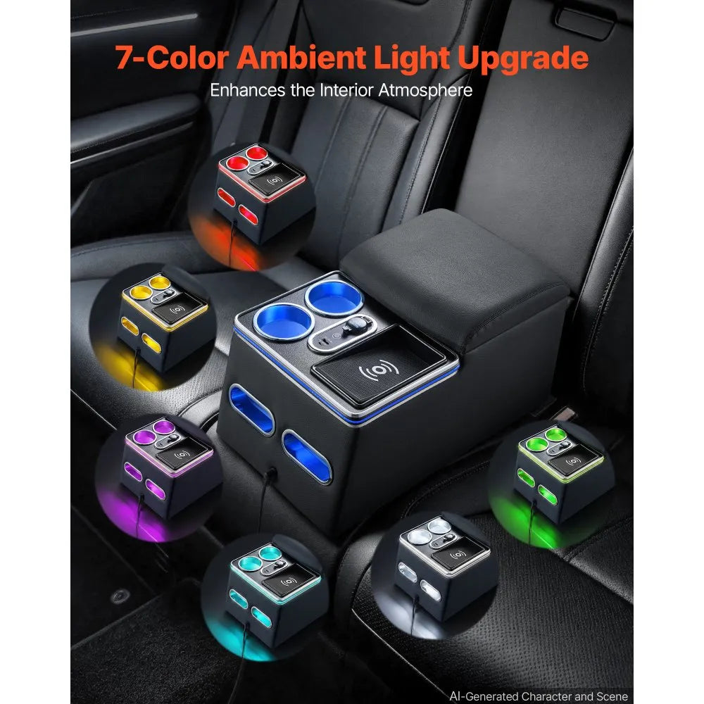 Universal Rear Seat Center Console with 7-Color Ambient Lights, Wireless Charging & Cup Holders