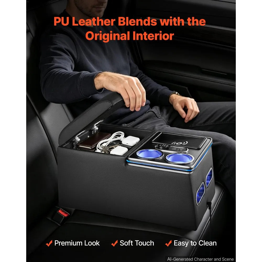 Universal Rear Seat Center Console with 7-Color Ambient Lights, Wireless Charging & Cup Holders