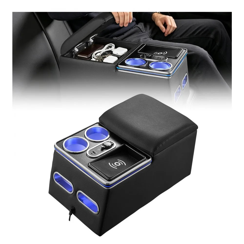 Universal Rear Seat Center Console with 7-Color Ambient Lights, Wireless Charging & Cup Holders