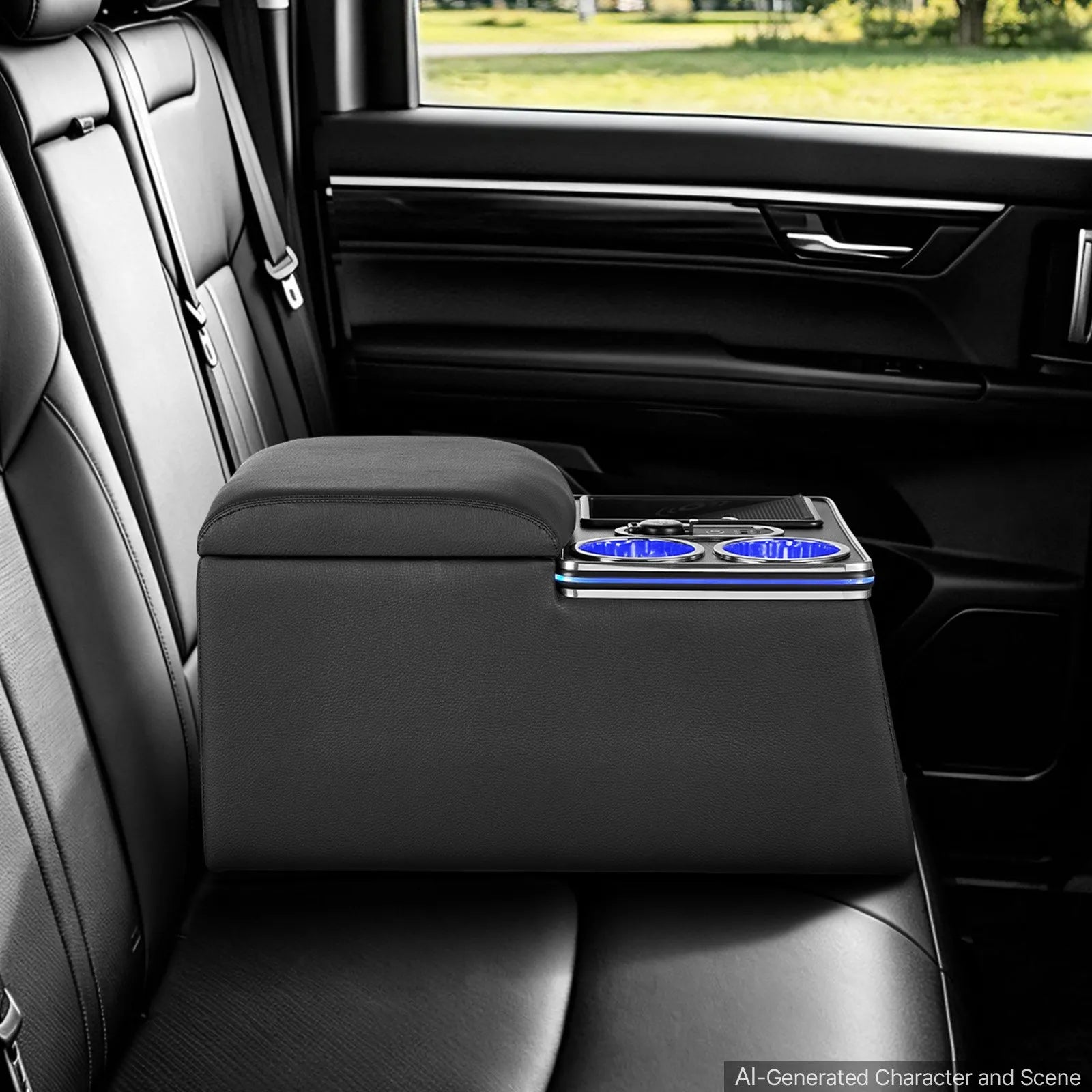 Universal Rear Seat Center Console with 7-Color Ambient Lights, Wireless Charging & Cup Holders