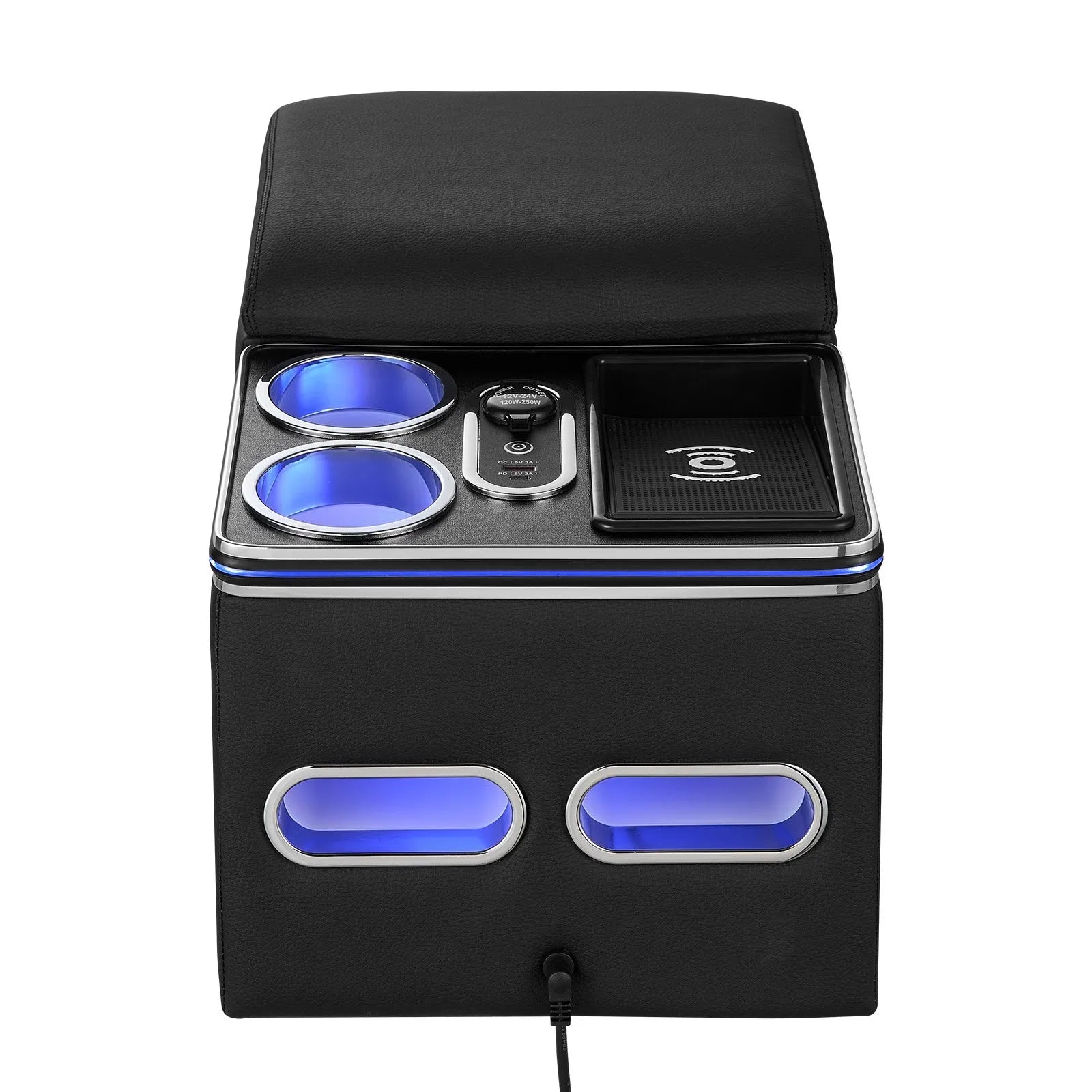 Universal Rear Seat Center Console with 7-Color Ambient Lights, Wireless Charging & Cup Holders