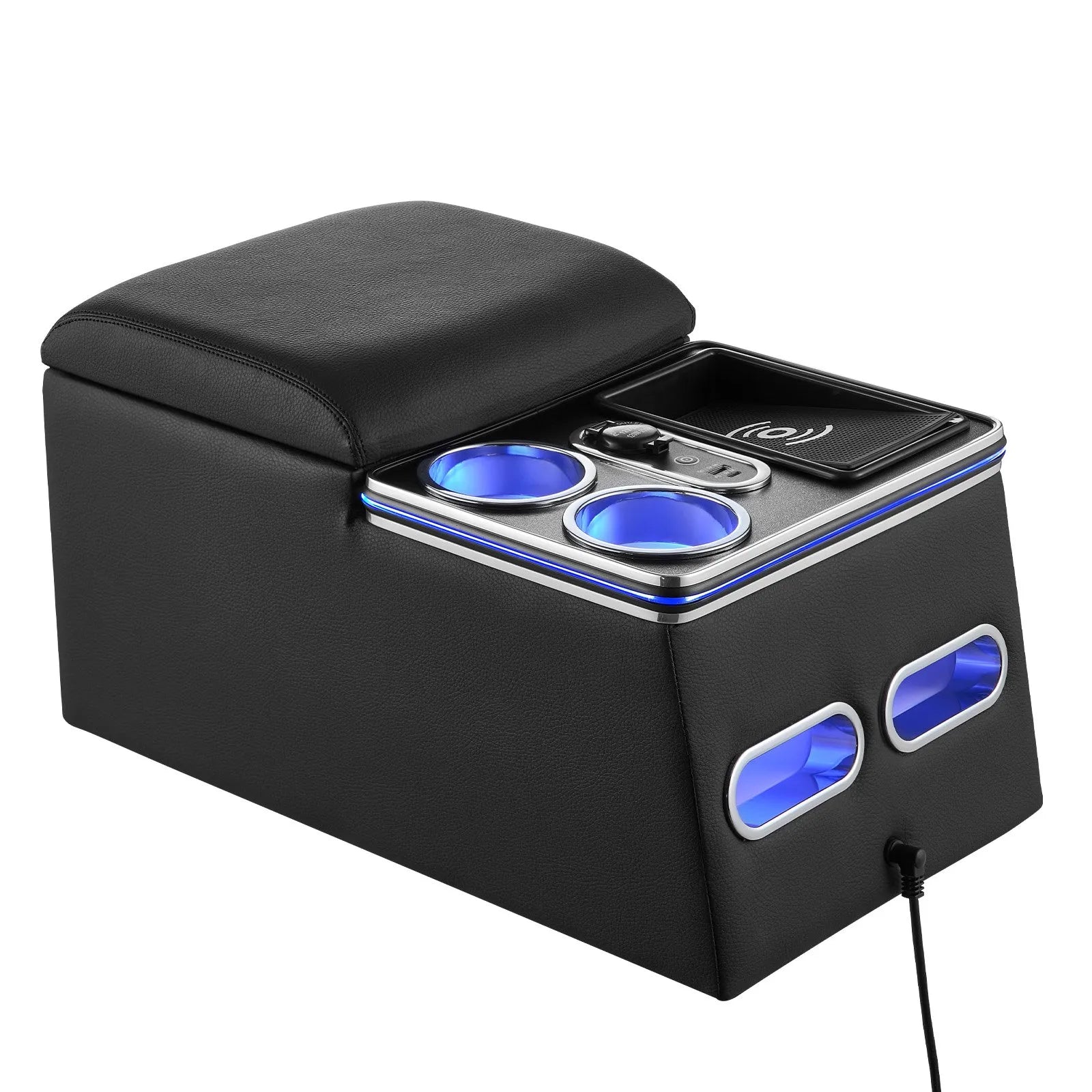 Universal Rear Seat Center Console with 7-Color Ambient Lights, Wireless Charging & Cup Holders