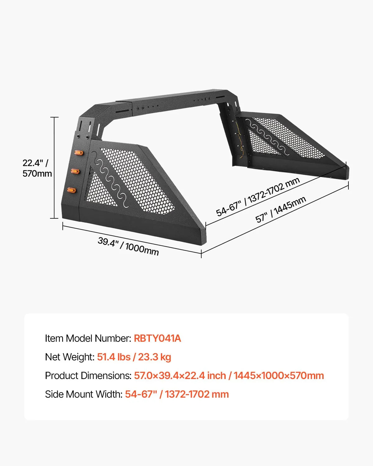 VEVOR Truck Bed Roll Bar Universal Chase Rack with Light for Full-Size Pickup