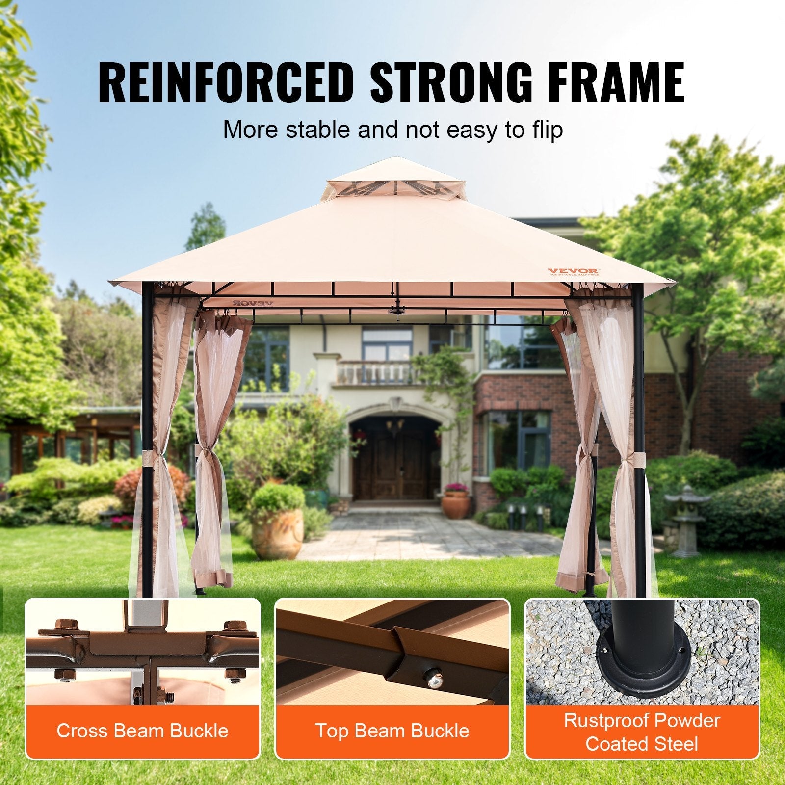 VEVOR Patio Gazebo for 6-8 Person, 10 x 10 FT Backyard Gazebo, with Mosquito Netting, Metal Frame, and PU Coated 180G Polyester, Outdoor Canopy Shelter for Patio, Lawn, Backyard, Deck, Garden 