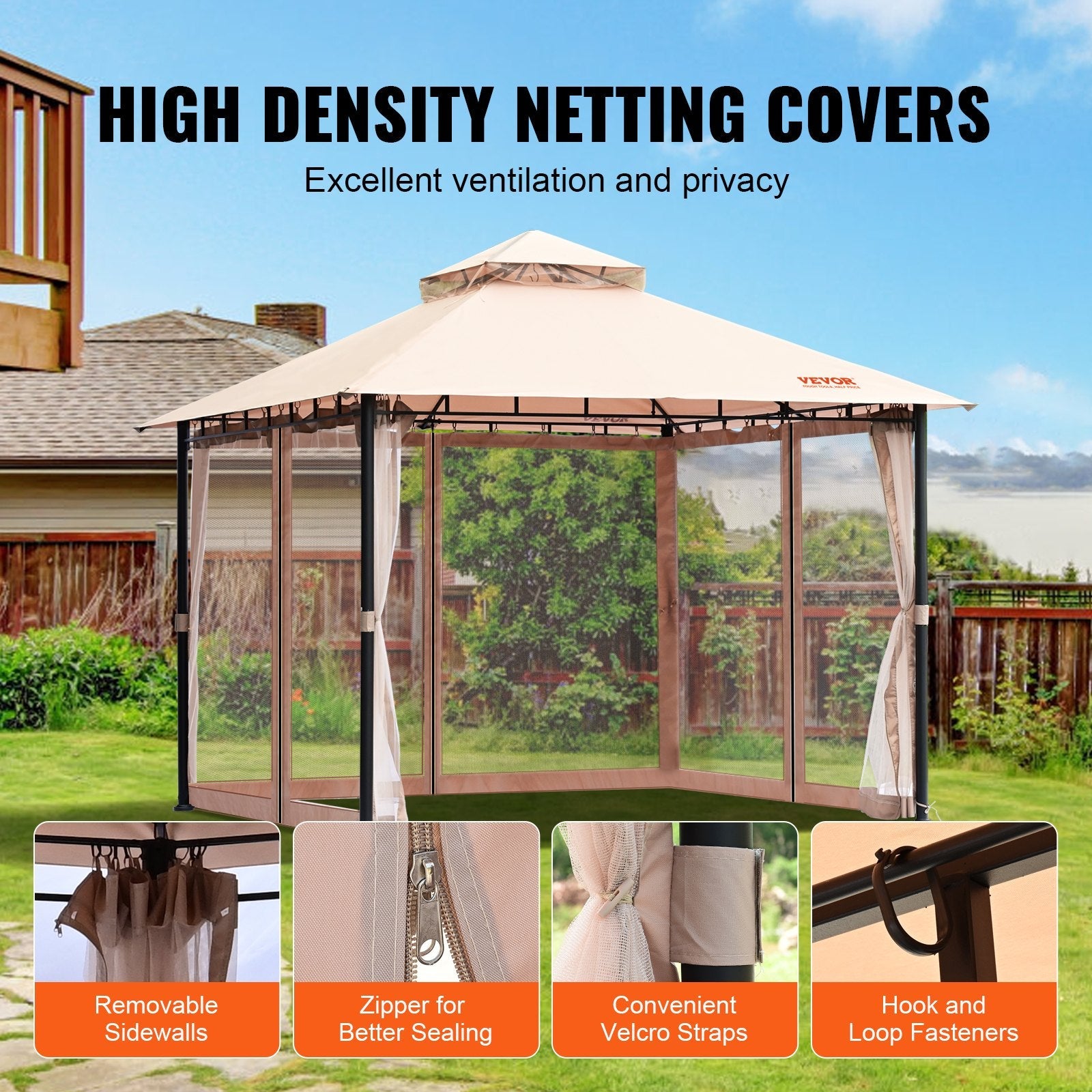 VEVOR Patio Gazebo for 6-8 Person, 10 x 10 FT Backyard Gazebo, with Mosquito Netting, Metal Frame, and PU Coated 180G Polyester, Outdoor Canopy Shelter for Patio, Lawn, Backyard, Deck, Garden 