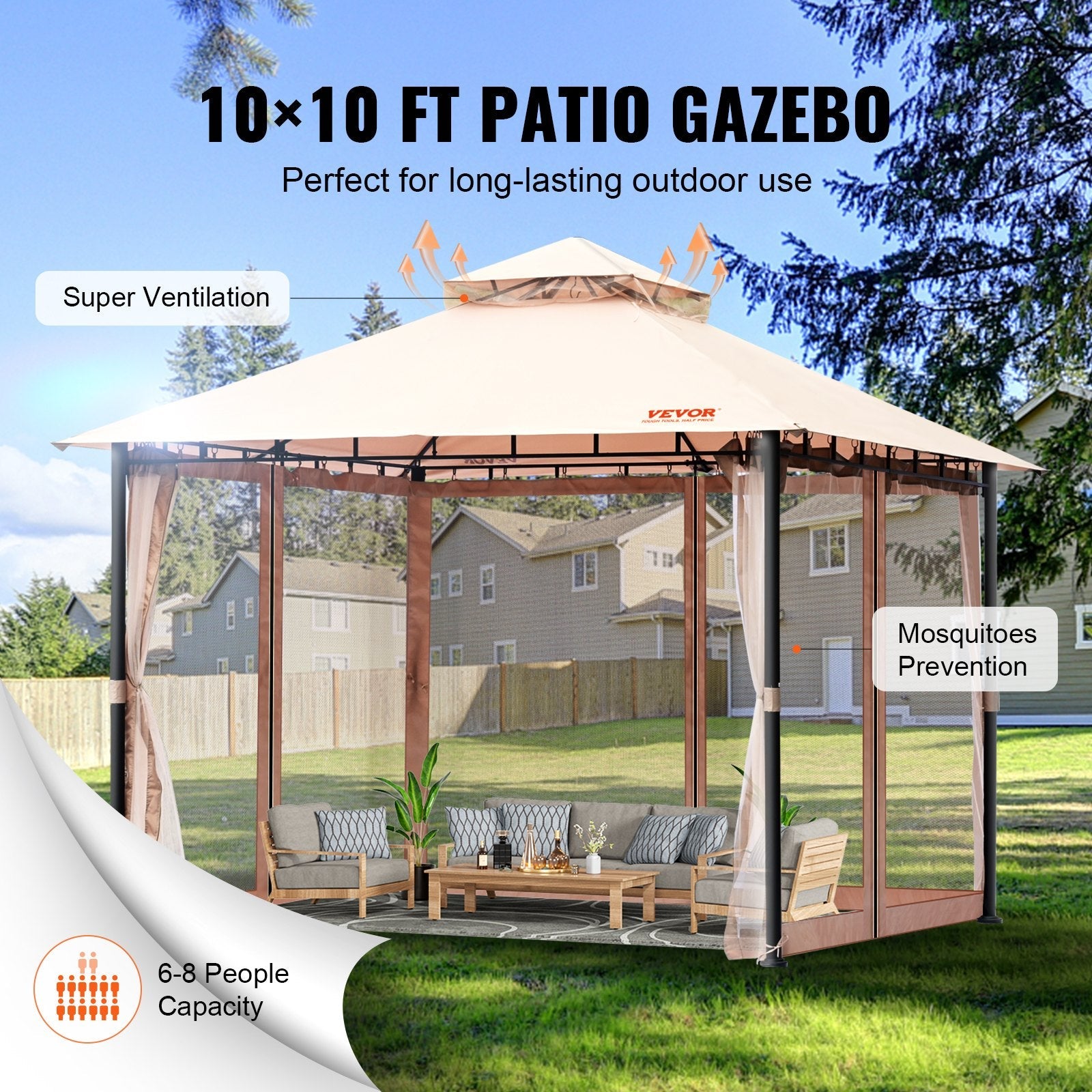 VEVOR Patio Gazebo for 6-8 Person, 10 x 10 FT Backyard Gazebo, with Mosquito Netting, Metal Frame, and PU Coated 180G Polyester, Outdoor Canopy Shelter for Patio, Lawn, Backyard, Deck, Garden 