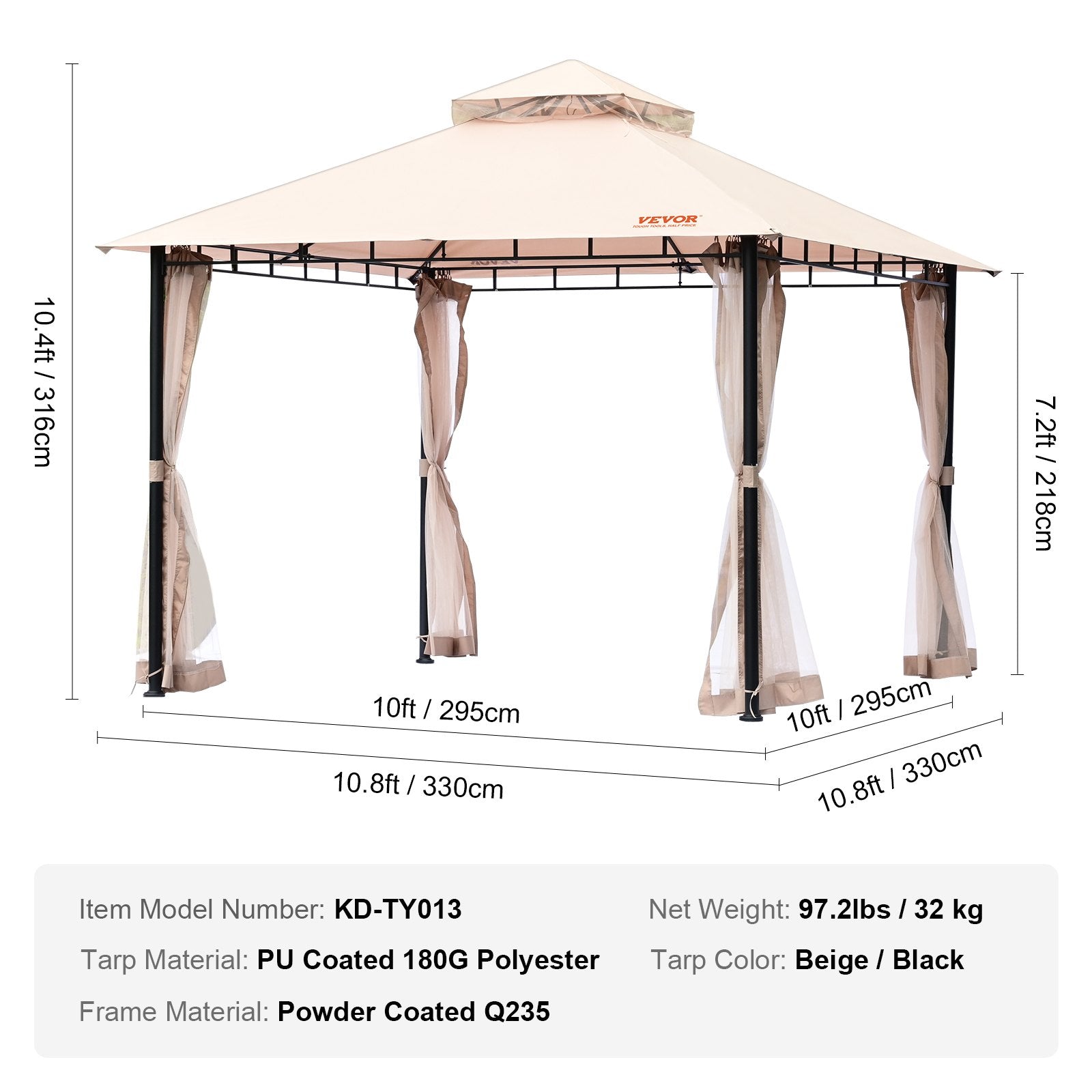 VEVOR Patio Gazebo for 6-8 Person, 10 x 10 FT Backyard Gazebo, with Mosquito Netting, Metal Frame, and PU Coated 180G Polyester, Outdoor Canopy Shelter for Patio, Lawn, Backyard, Deck, Garden 