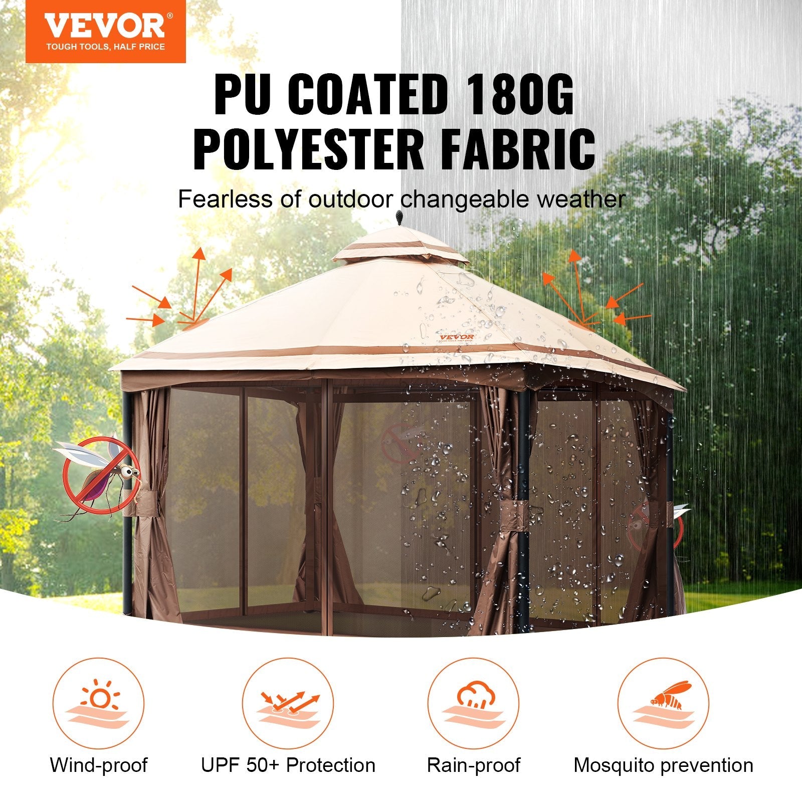 VEVOR Patio Gazebo for 10-12 Person, 10 x 13 FT Backyard Gazebo, with Mosquito Netting, Metal Frame, and PU Coated 180G Polyester, Outdoor Canopy Shelter for Patio, Backyard, Lawn, Garden, Deck 