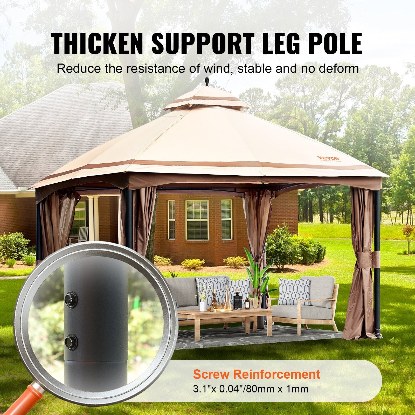 VEVOR Patio Gazebo for 10-12 Person, 10 x 13 FT Backyard Gazebo, with Mosquito Netting, Metal Frame, and PU Coated 180G Polyester, Outdoor Canopy Shelter for Patio, Backyard, Lawn, Garden, Deck 