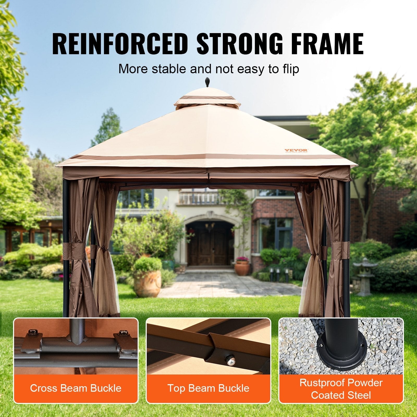 VEVOR Patio Gazebo for 10-12 Person, 10 x 13 FT Backyard Gazebo, with Mosquito Netting, Metal Frame, and PU Coated 180G Polyester, Outdoor Canopy Shelter for Patio, Backyard, Lawn, Garden, Deck 