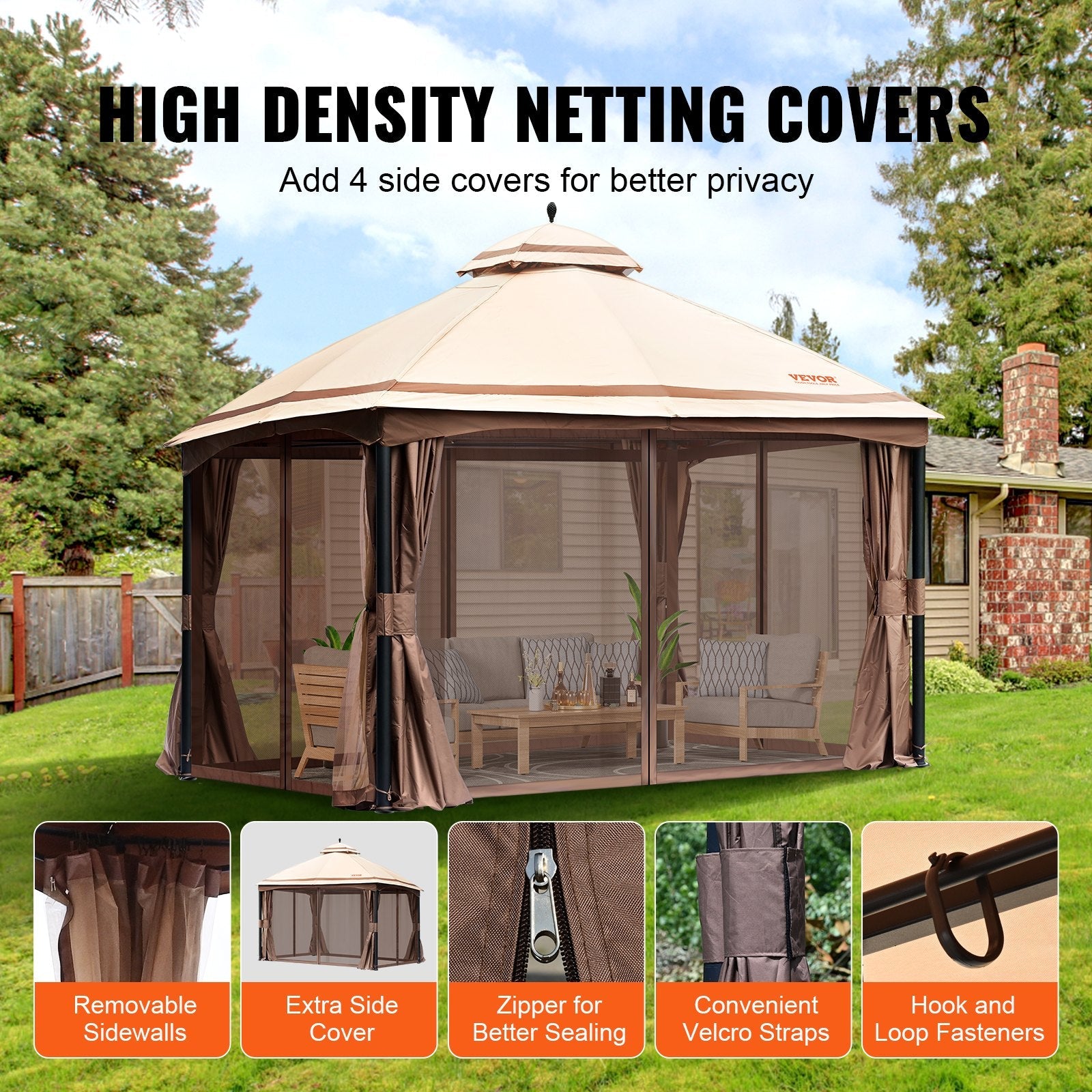 VEVOR Patio Gazebo for 10-12 Person, 10 x 13 FT Backyard Gazebo, with Mosquito Netting, Metal Frame, and PU Coated 180G Polyester, Outdoor Canopy Shelter for Patio, Backyard, Lawn, Garden, Deck 