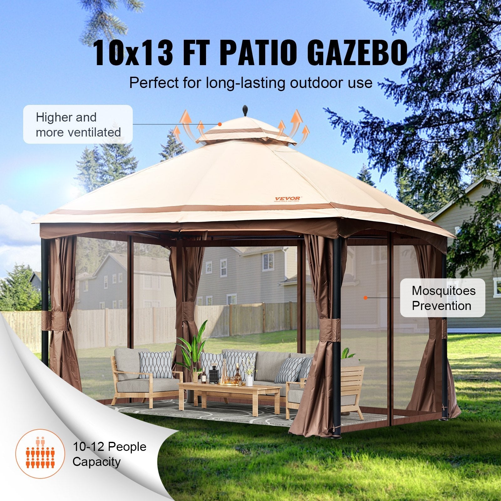 VEVOR Patio Gazebo for 10-12 Person, 10 x 13 FT Backyard Gazebo, with Mosquito Netting, Metal Frame, and PU Coated 180G Polyester, Outdoor Canopy Shelter for Patio, Backyard, Lawn, Garden, Deck 