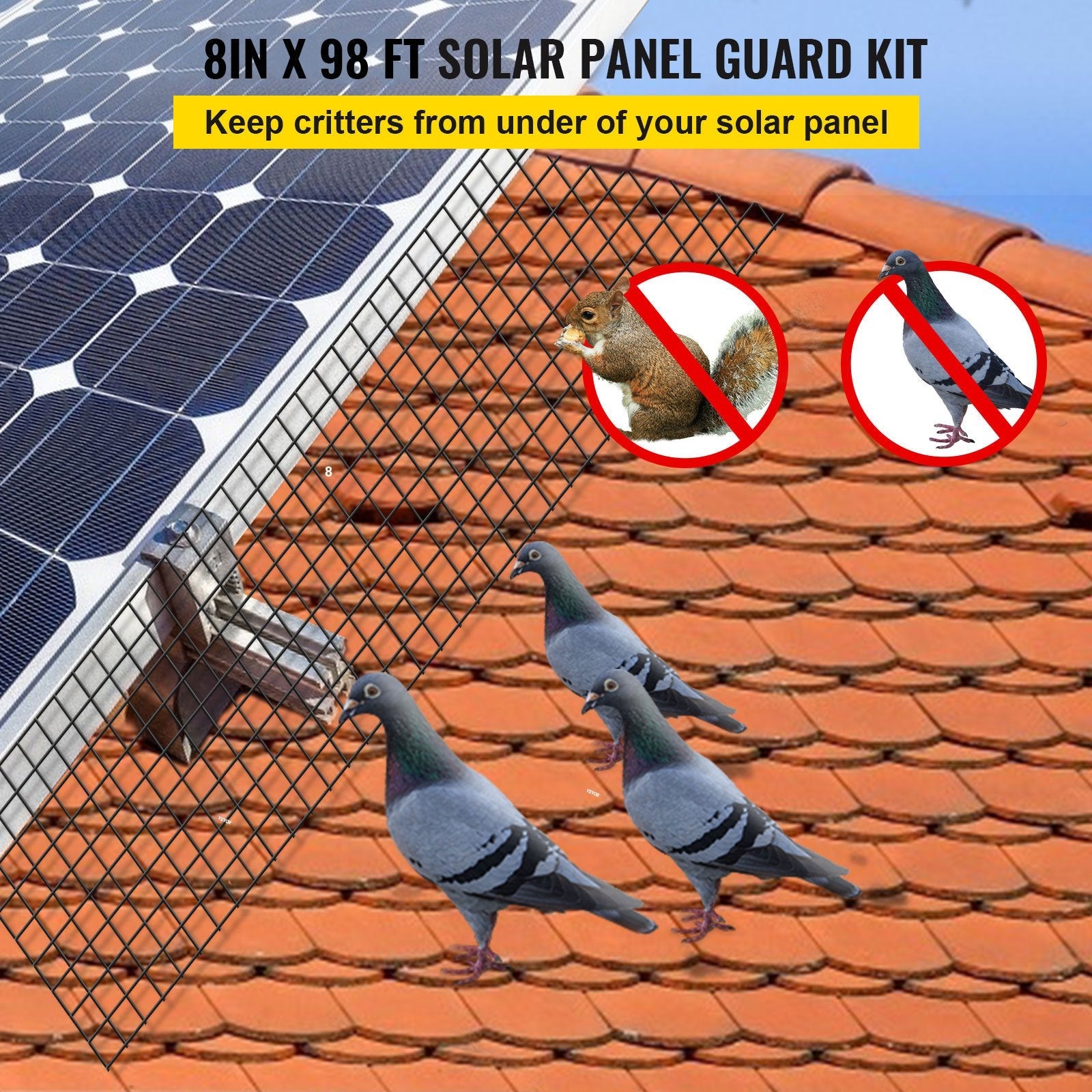 VEVOR Solar Panel Bird Wire, 8inch x 98ft Critter Guard Roll Kit, Solar Panel Guard with 100pcs Stainless Steel Fasteners, Removable PVC Coated Guard Wire for Squirrel, Bird, Critters Proofing 