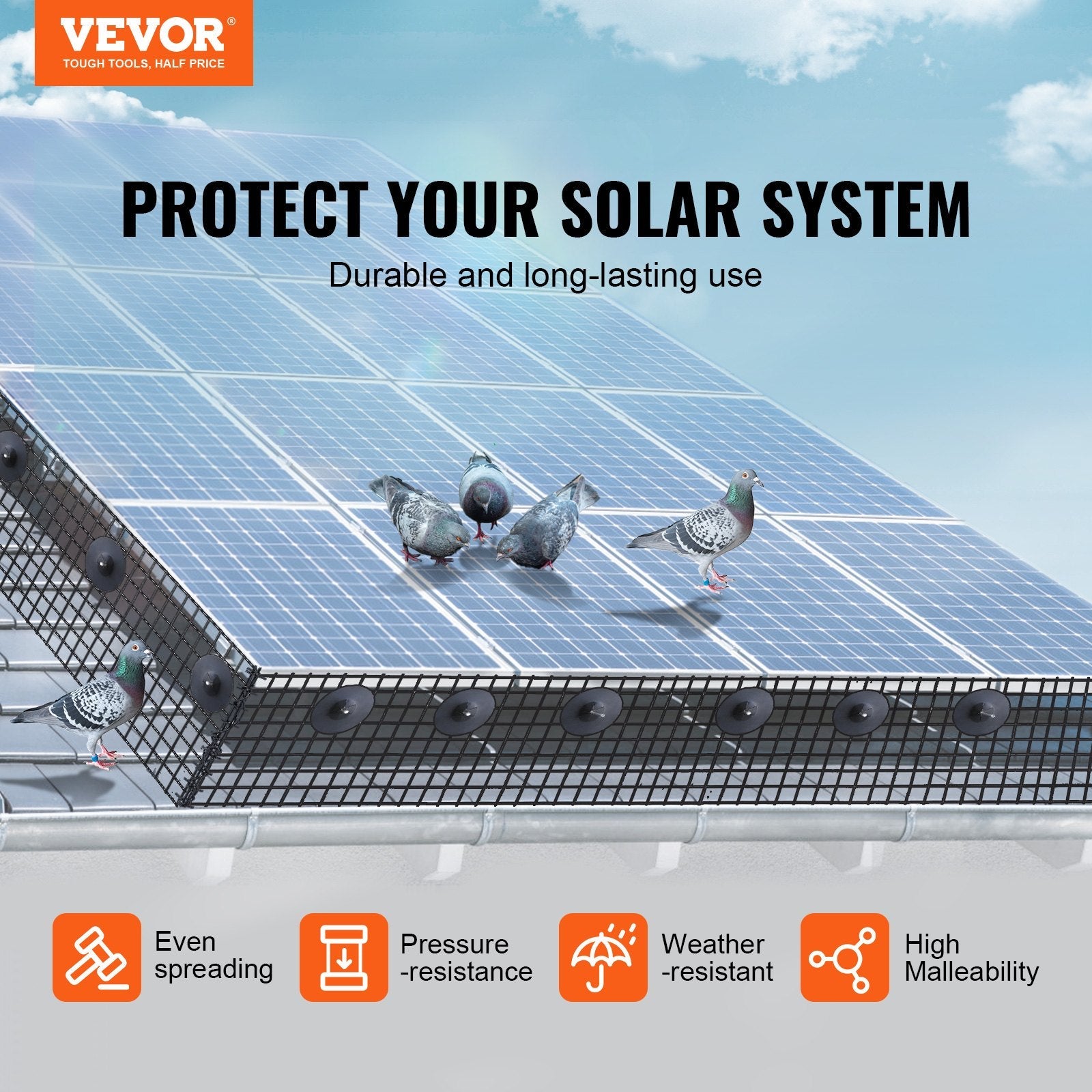VEVOR 8 inch x 100ft Solar Panel Bird Guard, Critter Guard Roll Kit with 100pcs Stainless Steel Fasteners, Solar Panel Guard with Rust-proof PVC Coating, 1/2 inch Wire Roll Mesh 