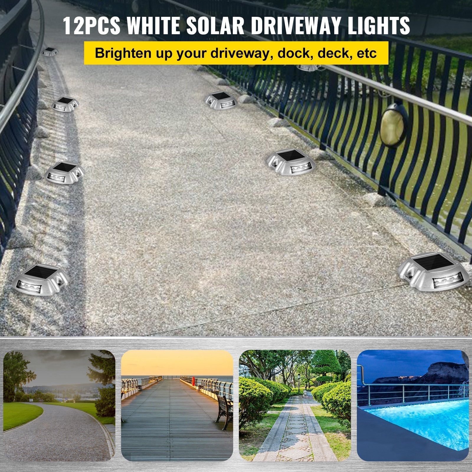 VEVOR Driveway Lights 12-Pack Solar Driveway Lights Bright White with Screws Solar Deck Lights Outdoor Waterproof Wireless Dock Lights 6 LEDs for Path Warning Garden Walkway Sidewalk Steps 