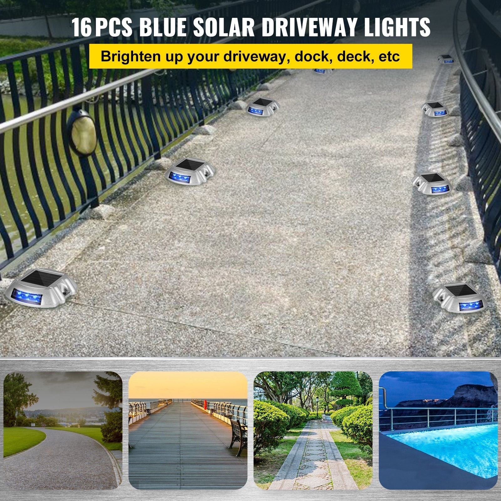 VEVOR Driveway Lights 16-Pack, Solar Driveway Lights with Switch Button, Solar Deck Lights Waterproof, Wireless Dock Lights 6 LEDs for Path Warning Garden Walkway Sidewalk Steps, LED Bright Blue 