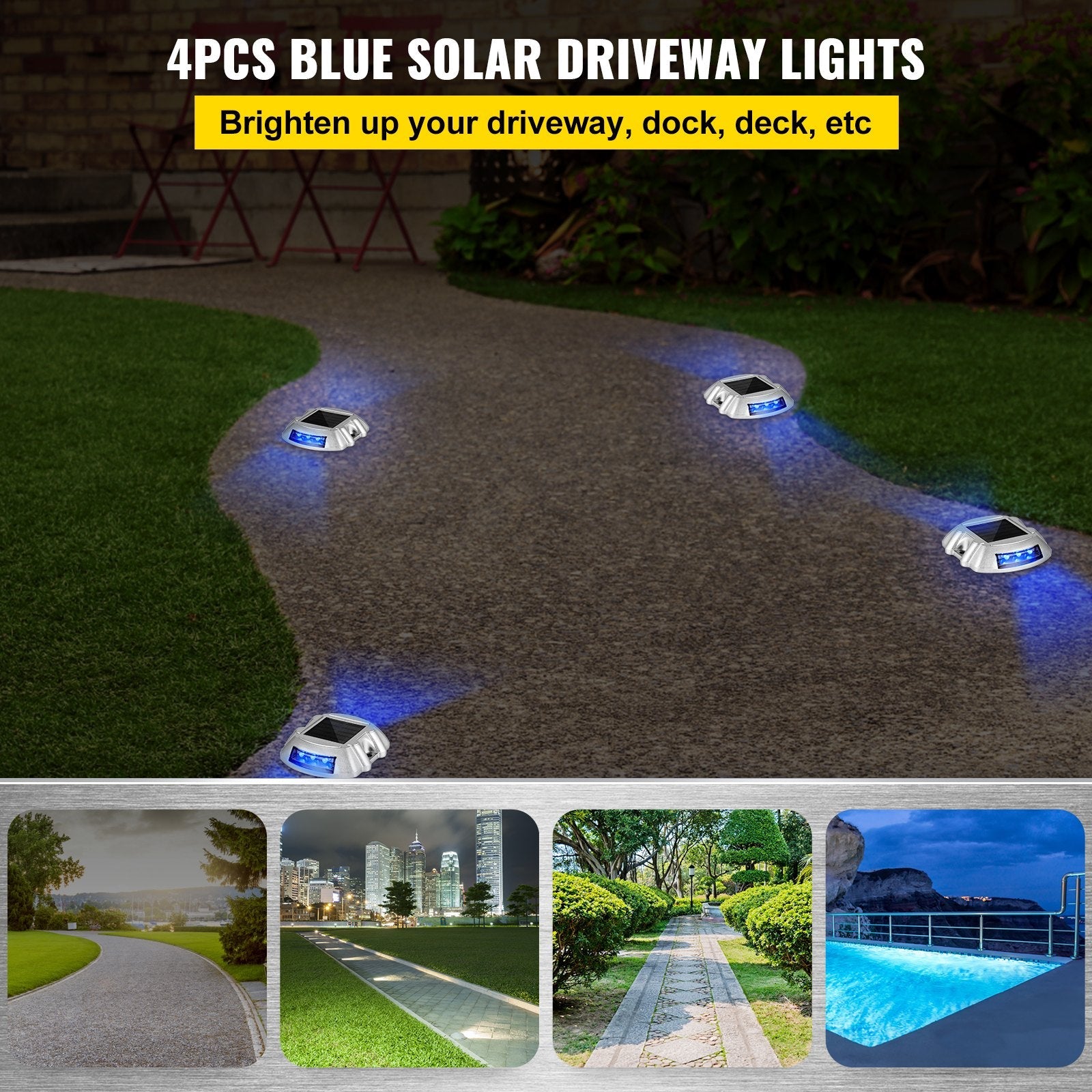 VEVOR Driveway Lights 4-Pack, Solar Driveway Lights with Switch Button, Solar Deck Lights Waterproof, Wireless Dock Lights 6 LEDs for Path Warning Garden Walkway Sidewalk Steps, LED Bright Blue 
