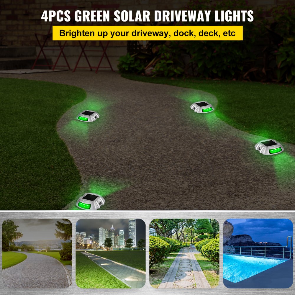 Vevor Driveway Lights, 4-Pack Solar Driveway Lights with Switch Button, Solar Deck Lights Waterproof, Wireless Dock Lights 6 LEDs for Path Warning Garden Walkway Sidewalk Steps, LED Bright Green 