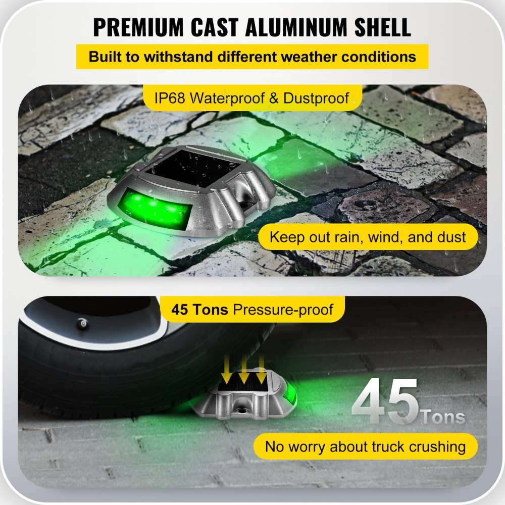 Vevor Driveway Lights, 4-Pack Solar Driveway Lights with Switch Button, Solar Deck Lights Waterproof, Wireless Dock Lights 6 LEDs for Path Warning Garden Walkway Sidewalk Steps, LED Bright Green 