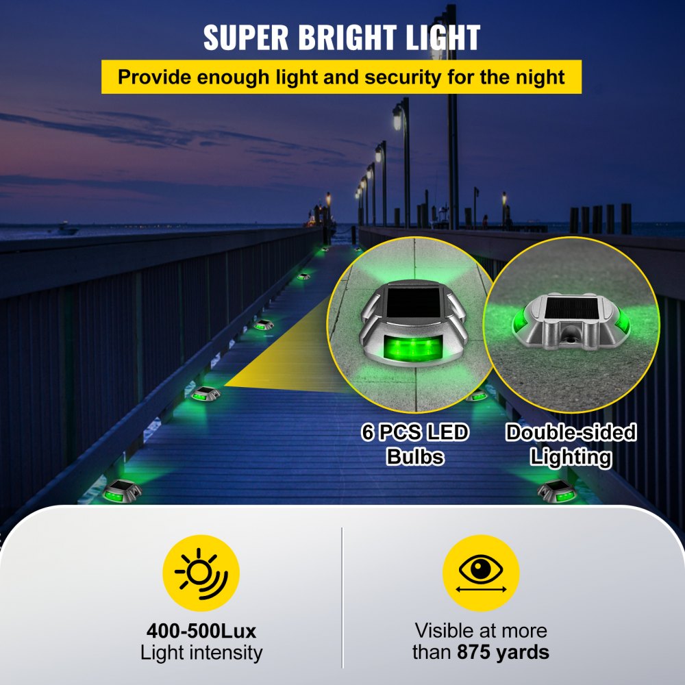 Vevor Driveway Lights, 4-Pack Solar Driveway Lights with Switch Button, Solar Deck Lights Waterproof, Wireless Dock Lights 6 LEDs for Path Warning Garden Walkway Sidewalk Steps, LED Bright Green 