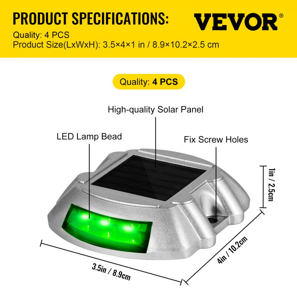 Vevor Driveway Lights, 4-Pack Solar Driveway Lights with Switch Button, Solar Deck Lights Waterproof, Wireless Dock Lights 6 LEDs for Path Warning Garden Walkway Sidewalk Steps, LED Bright Green 