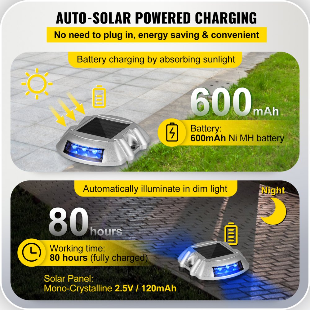VEVOR Driveway Lights 8-Pack, Solar Driveway Lights with Switch Button, Solar Deck Lights Waterproof, Wireless Dock Lights 6 LEDs for Path Warning Garden Walkway Sidewalk Steps, LED Bright Blue 