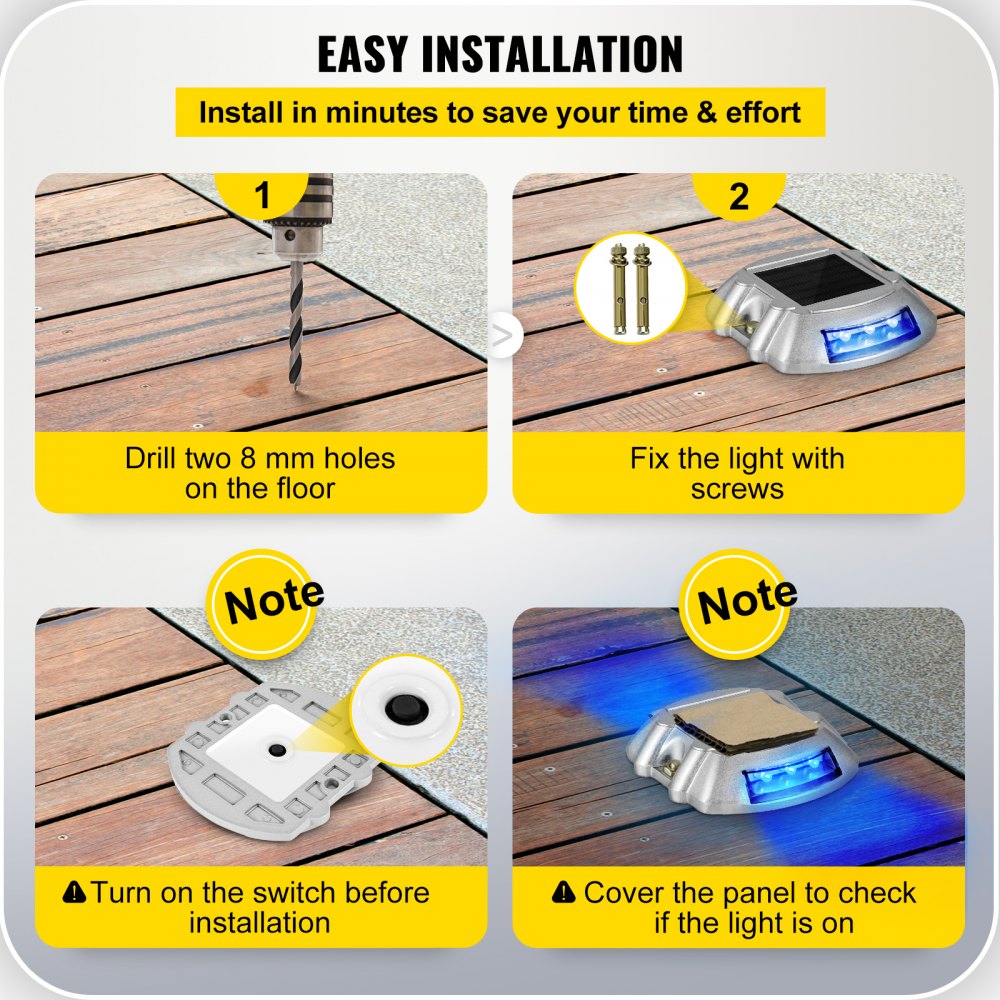 VEVOR Driveway Lights 8-Pack, Solar Driveway Lights with Switch Button, Solar Deck Lights Waterproof, Wireless Dock Lights 6 LEDs for Path Warning Garden Walkway Sidewalk Steps, LED Bright Blue 