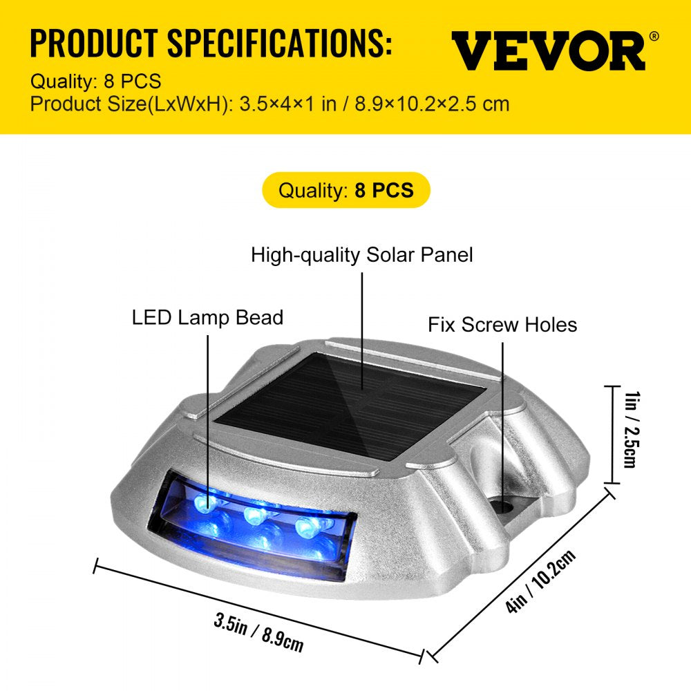 VEVOR Driveway Lights 8-Pack, Solar Driveway Lights with Switch Button, Solar Deck Lights Waterproof, Wireless Dock Lights 6 LEDs for Path Warning Garden Walkway Sidewalk Steps, LED Bright Blue 