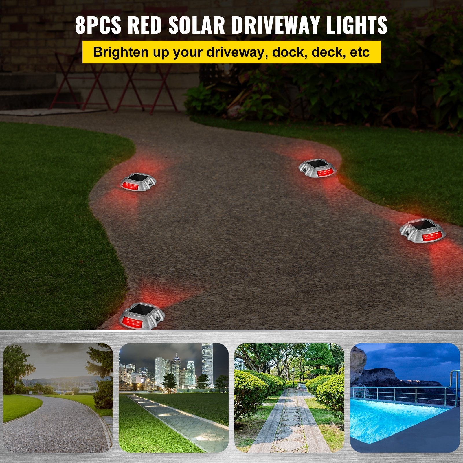 Vevor Driveway Lights, 8-Pack Solar Driveway Lights with Switch Button, Solar Deck Lights Waterproof, Wireless Dock Lights 6 LEDs for Path Warning Garden Walkway Sidewalk Steps, LED Bright Red 