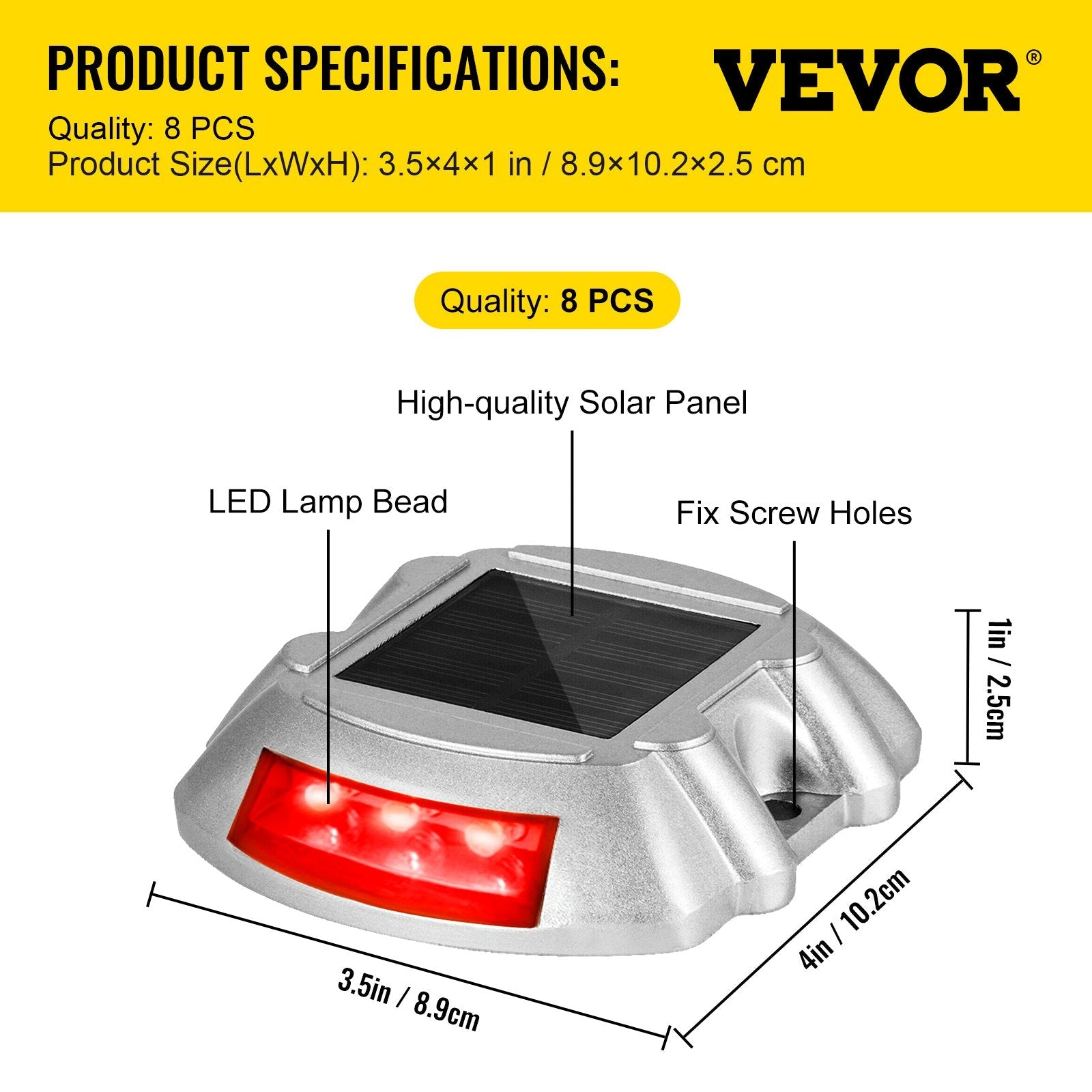 Vevor Driveway Lights, 8-Pack Solar Driveway Lights with Switch Button, Solar Deck Lights Waterproof, Wireless Dock Lights 6 LEDs for Path Warning Garden Walkway Sidewalk Steps, LED Bright Red 