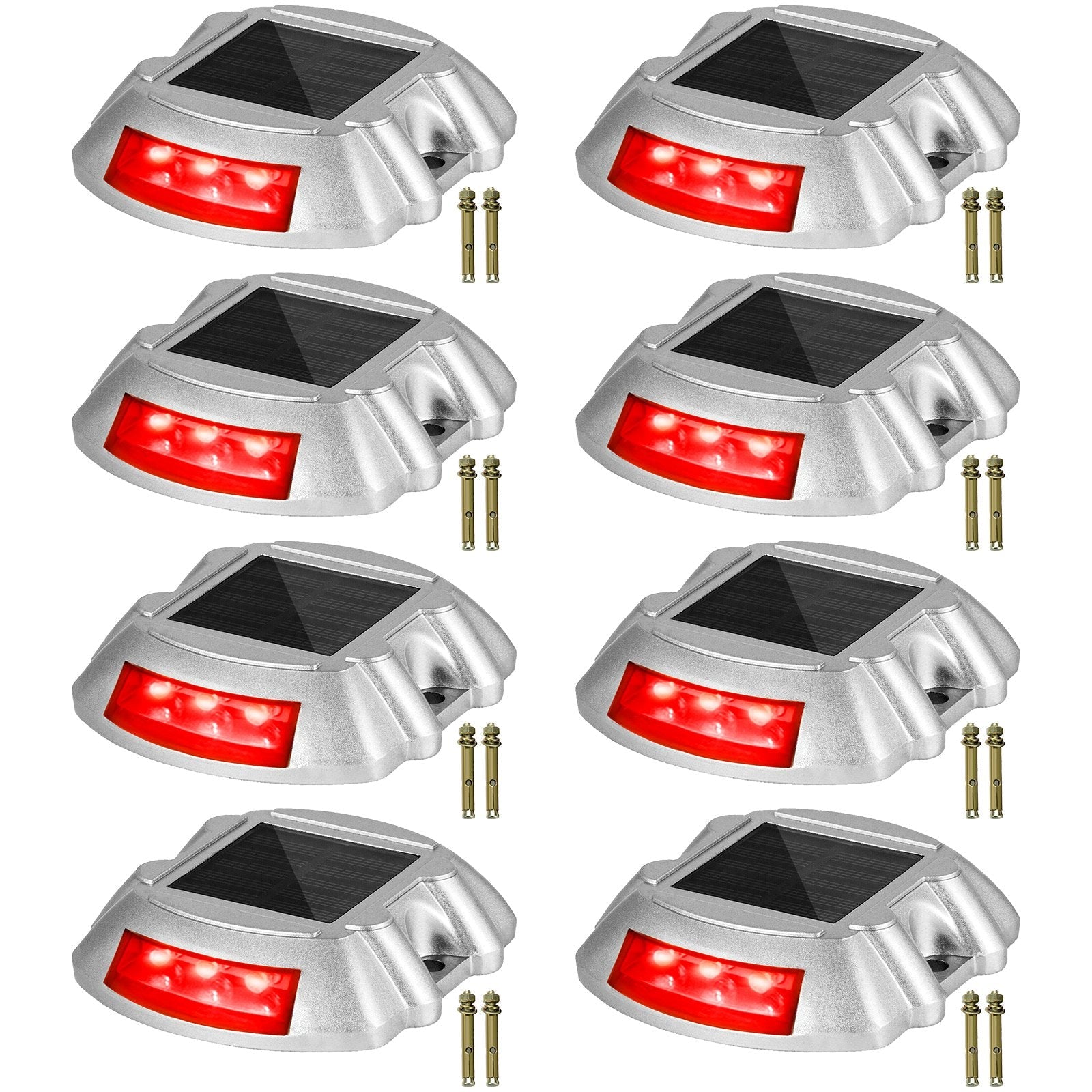 Vevor Driveway Lights, 8-Pack Solar Driveway Lights with Switch Button, Solar Deck Lights Waterproof, Wireless Dock Lights 6 LEDs for Path Warning Garden Walkway Sidewalk Steps, LED Bright Red 
