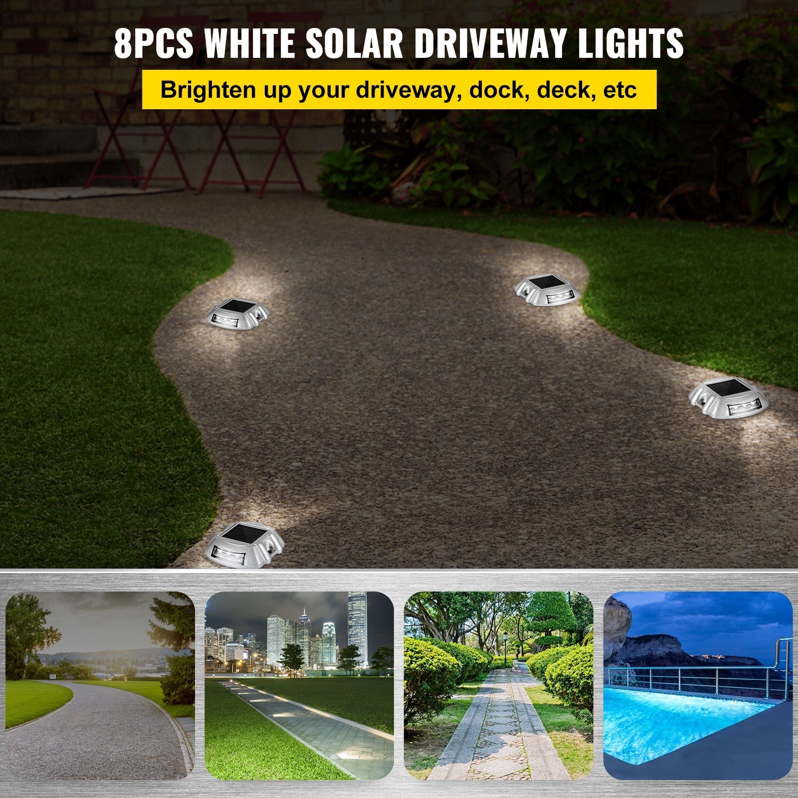 VEVOR Driveway Lights Solar Driveway Lights with Screw Solar Deck Lights Outdoor Waterproof Wireless Dock Lights 6 LEDs for Path Warning Garden Walkway Sidewalk Steps (White, 8-Pack) 