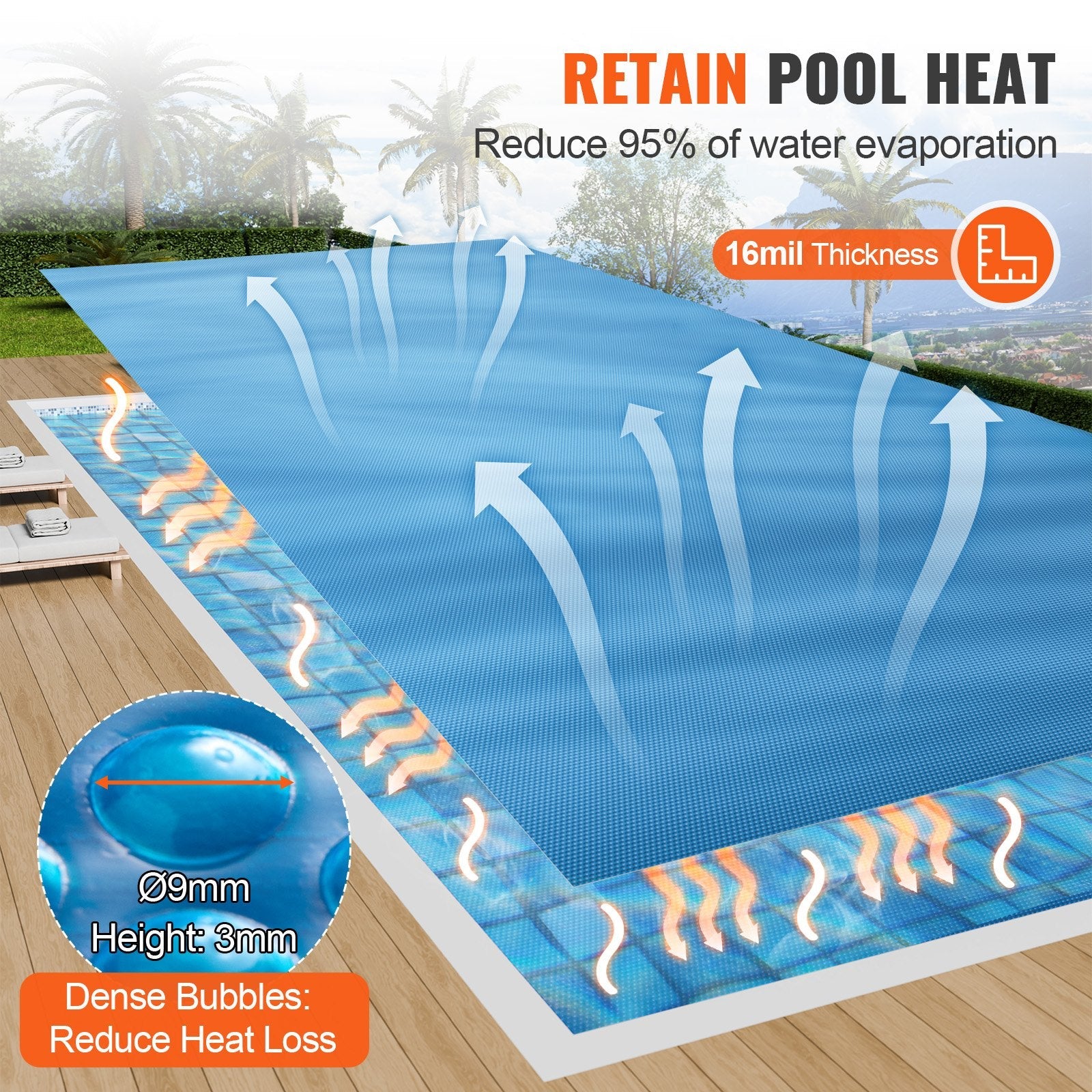 VEVOR Solar Pool Cover, 32 x 16 ft Rectangle Solar Blanket for Pools, Inground Above Ground Swimming Pool Solar Cover, 16 mil Solar Covers Blue 