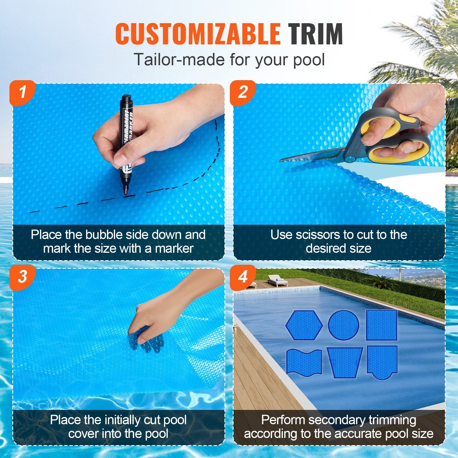 VEVOR Solar Pool Cover, 32 x 16 ft Rectangle Solar Blanket for Pools, Inground Above Ground Swimming Pool Solar Cover, 16 mil Solar Covers Blue 
