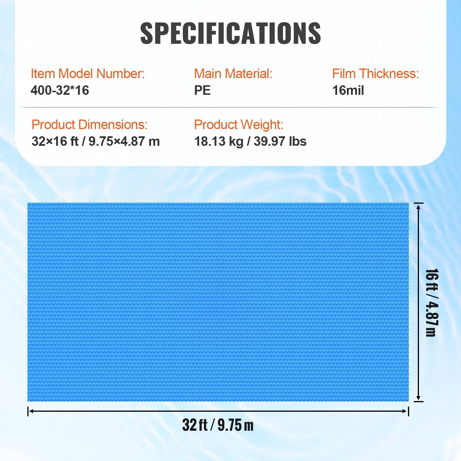 VEVOR Solar Pool Cover, 32 x 16 ft Rectangle Solar Blanket for Pools, Inground Above Ground Swimming Pool Solar Cover, 16 mil Solar Covers Blue 