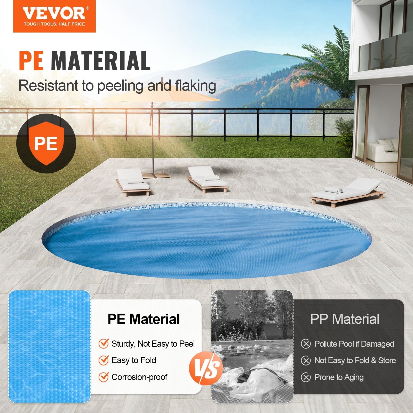 VEVOR Solar Pool Cover, ?10 ft Round Solar Blanket for Pools, Inground Above Ground Swimming Pool Solar Cover, 15 mil Solar Covers Blue 