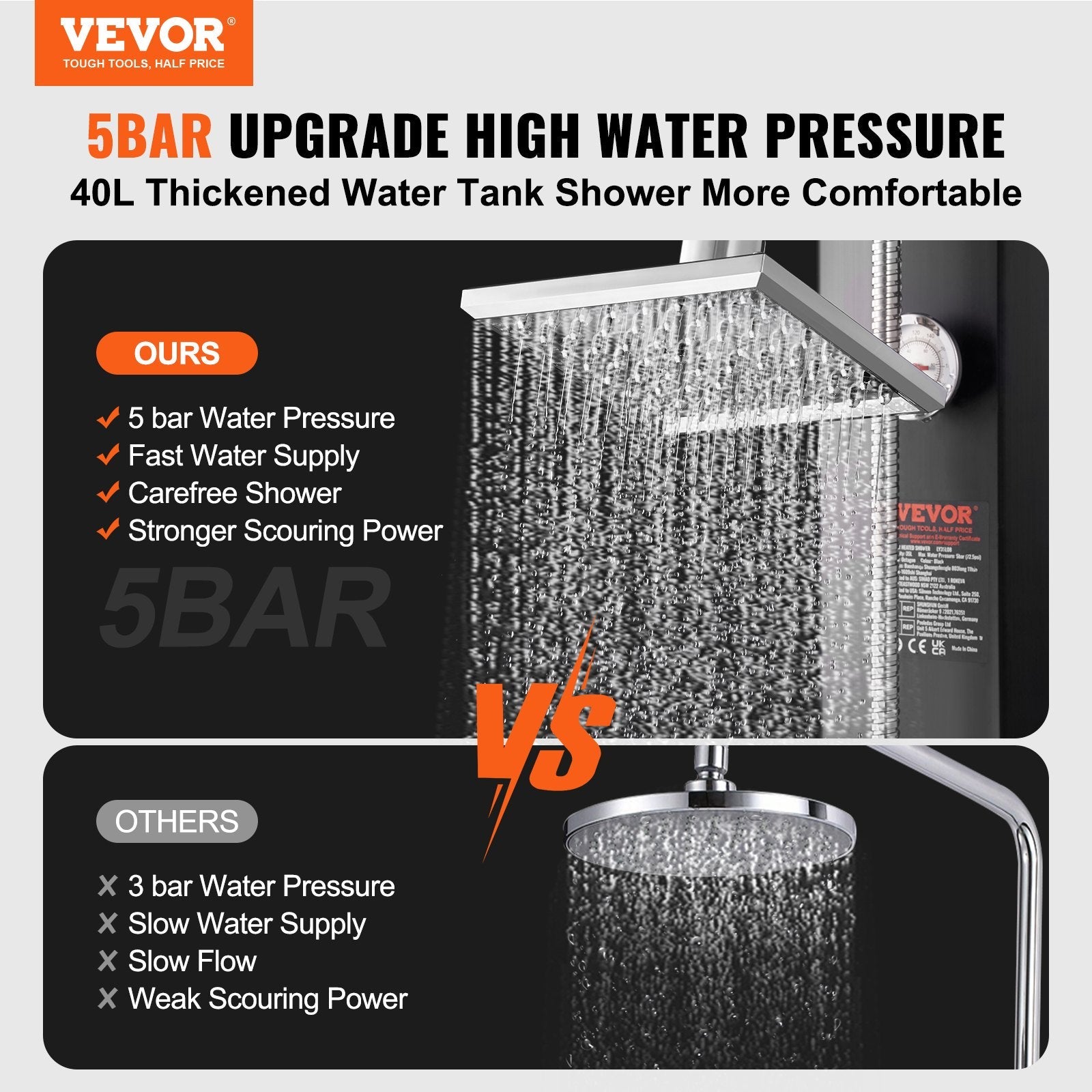 VEVOR Outdoor Solar Heated Shower, 10.57 Gallon Poolside Shower Kit with 2 Shower Head and Foot Shower Tap, Handheld/Hanging Two Modes Fast Assembly for Outdoor Backyard Poolside Beach Spa 