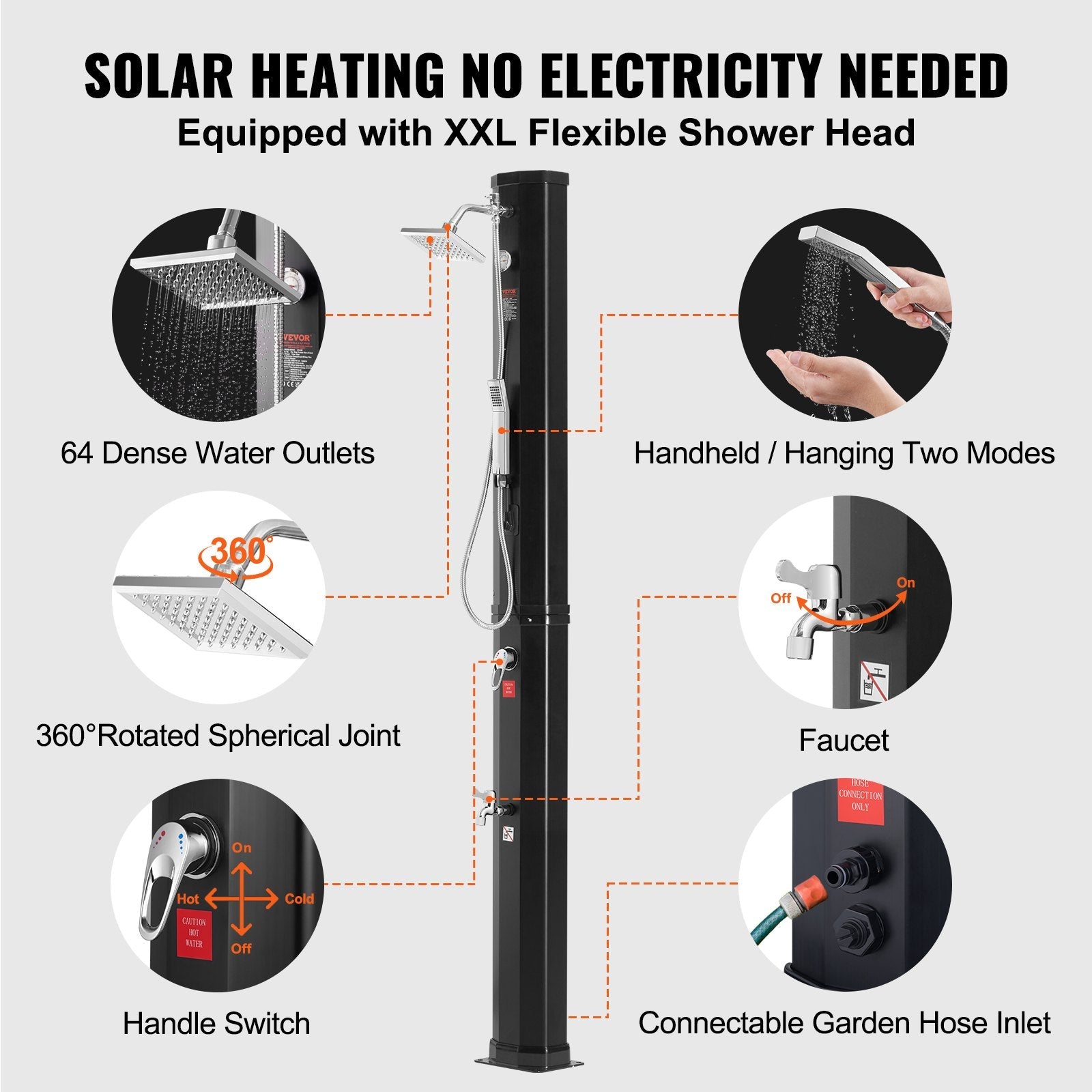 VEVOR Outdoor Solar Heated Shower, 10.57 Gallon Poolside Shower Kit with 2 Shower Head and Foot Shower Tap, Handheld/Hanging Two Modes Fast Assembly for Outdoor Backyard Poolside Beach Spa 