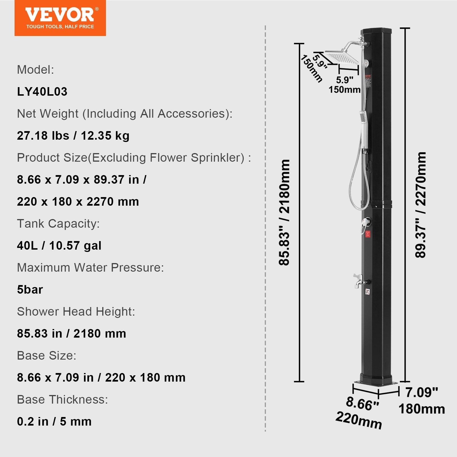 VEVOR Outdoor Solar Heated Shower, 10.57 Gallon Poolside Shower Kit with 2 Shower Head and Foot Shower Tap, Handheld/Hanging Two Modes Fast Assembly for Outdoor Backyard Poolside Beach Spa 