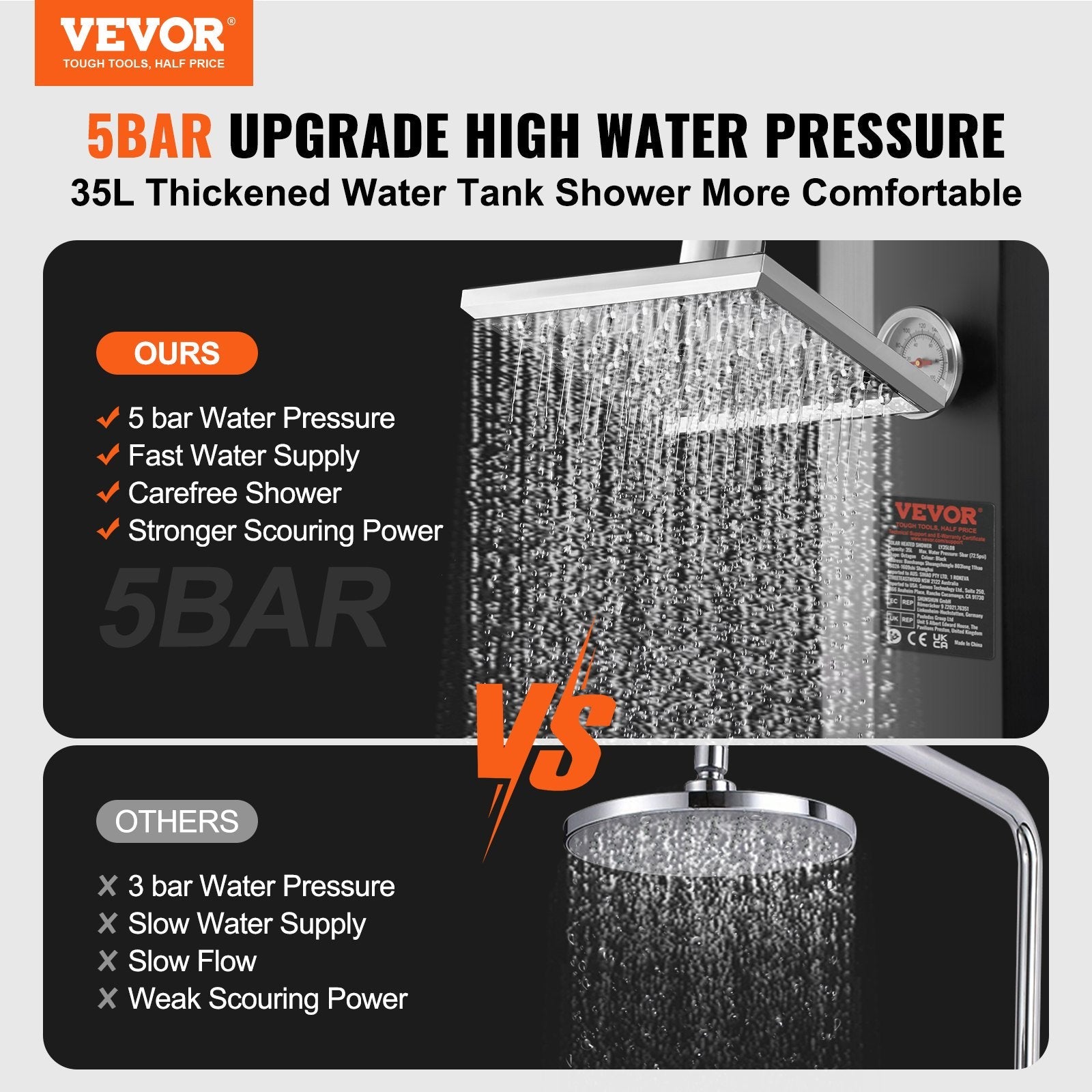 VEVOR Outdoor Solar Heated Shower, 9.25 Gallon Poolside Shower Kit with Shower Head and Foot Shower Tap, Double Buckle Fast Assembly W/ Pre-Drilled Holes for Outdoor Backyard Poolside Beach Spa 