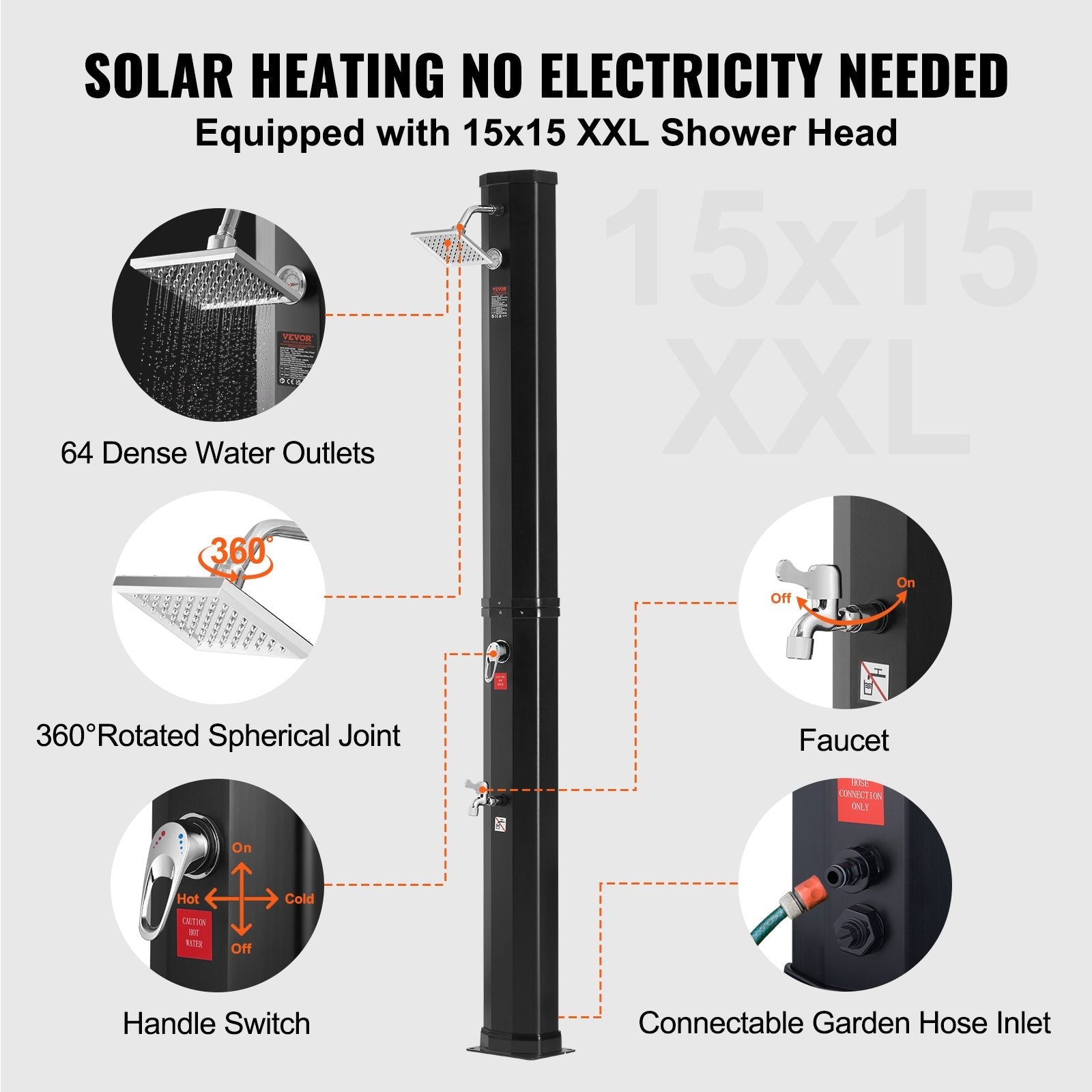 VEVOR Outdoor Solar Heated Shower, 9.25 Gallon Poolside Shower Kit with Shower Head and Foot Shower Tap, Double Buckle Fast Assembly W/ Pre-Drilled Holes for Outdoor Backyard Poolside Beach Spa 