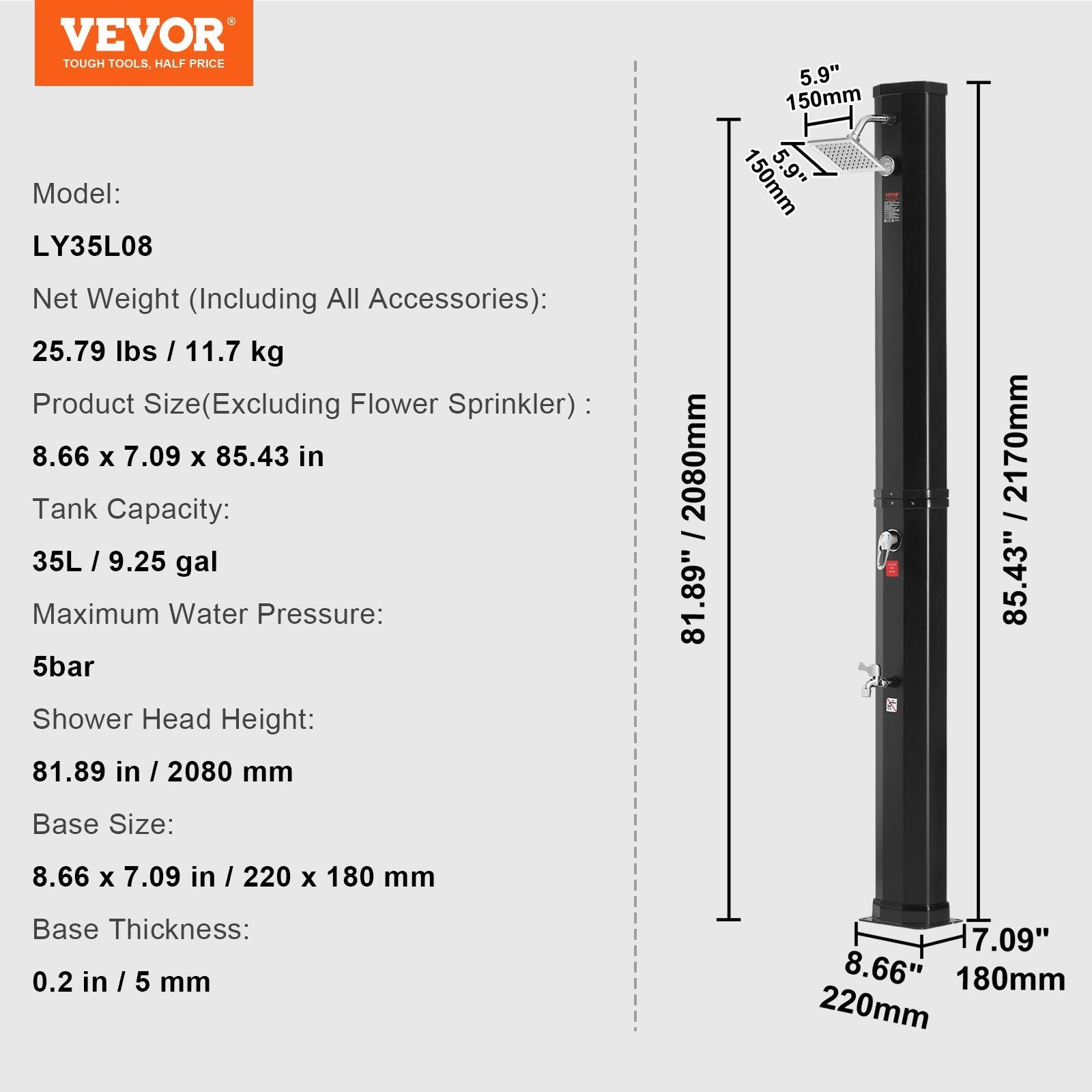 VEVOR Outdoor Solar Heated Shower, 9.25 Gallon Poolside Shower Kit with Shower Head and Foot Shower Tap, Double Buckle Fast Assembly W/ Pre-Drilled Holes for Outdoor Backyard Poolside Beach Spa 