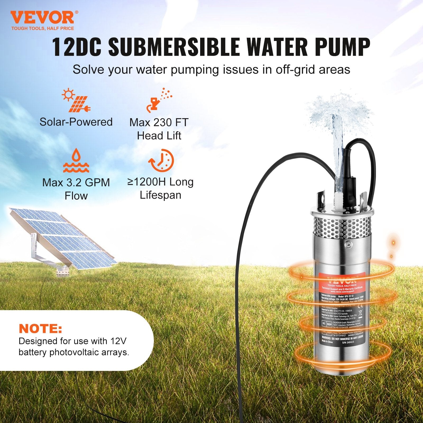 VEVOR Solar Water Pump, 12V DC 120W Submersible Deep Well Pump, Max Flow 3.2 GPM, Max Head 230 ft, Max Submersion 98.4 ft, Solar Powered Water Pump for Well, Farm Ranch Irrigation, Livestock Drinking 