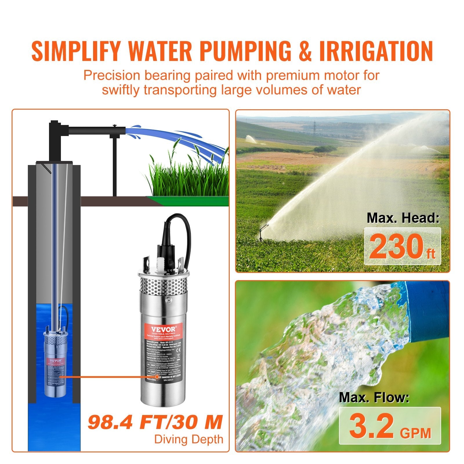 VEVOR Solar Water Pump, 12V DC 120W Submersible Deep Well Pump, Max Flow 3.2 GPM, Max Head 230 ft, Max Submersion 98.4 ft, Solar Powered Water Pump for Well, Farm Ranch Irrigation, Livestock Drinking 