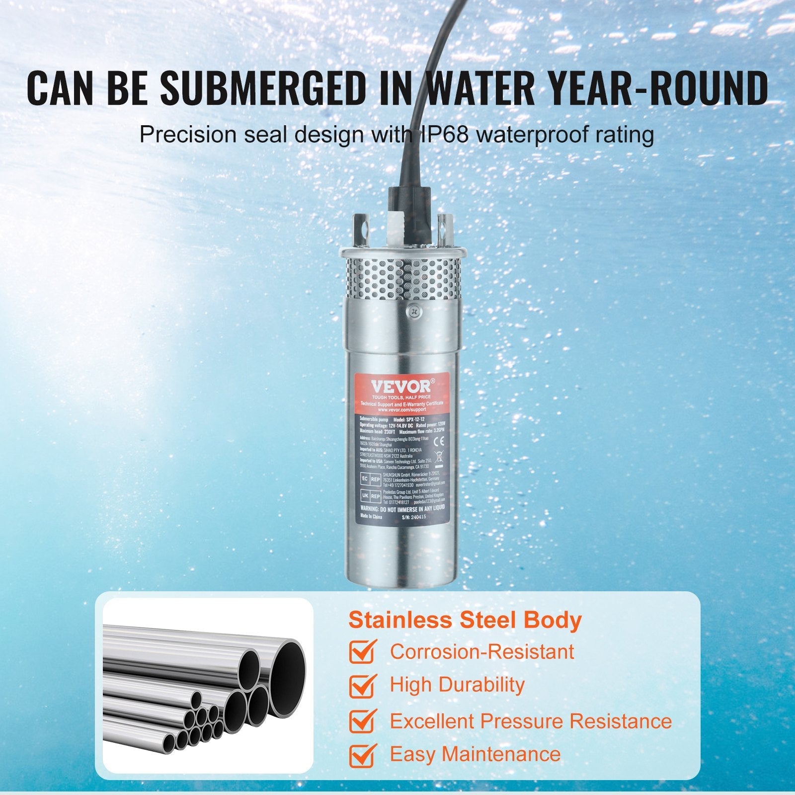 VEVOR Solar Water Pump, 12V DC 120W Submersible Deep Well Pump, Max Flow 3.2 GPM, Max Head 230 ft, Max Submersion 98.4 ft, Solar Powered Water Pump for Well, Farm Ranch Irrigation, Livestock Drinking 