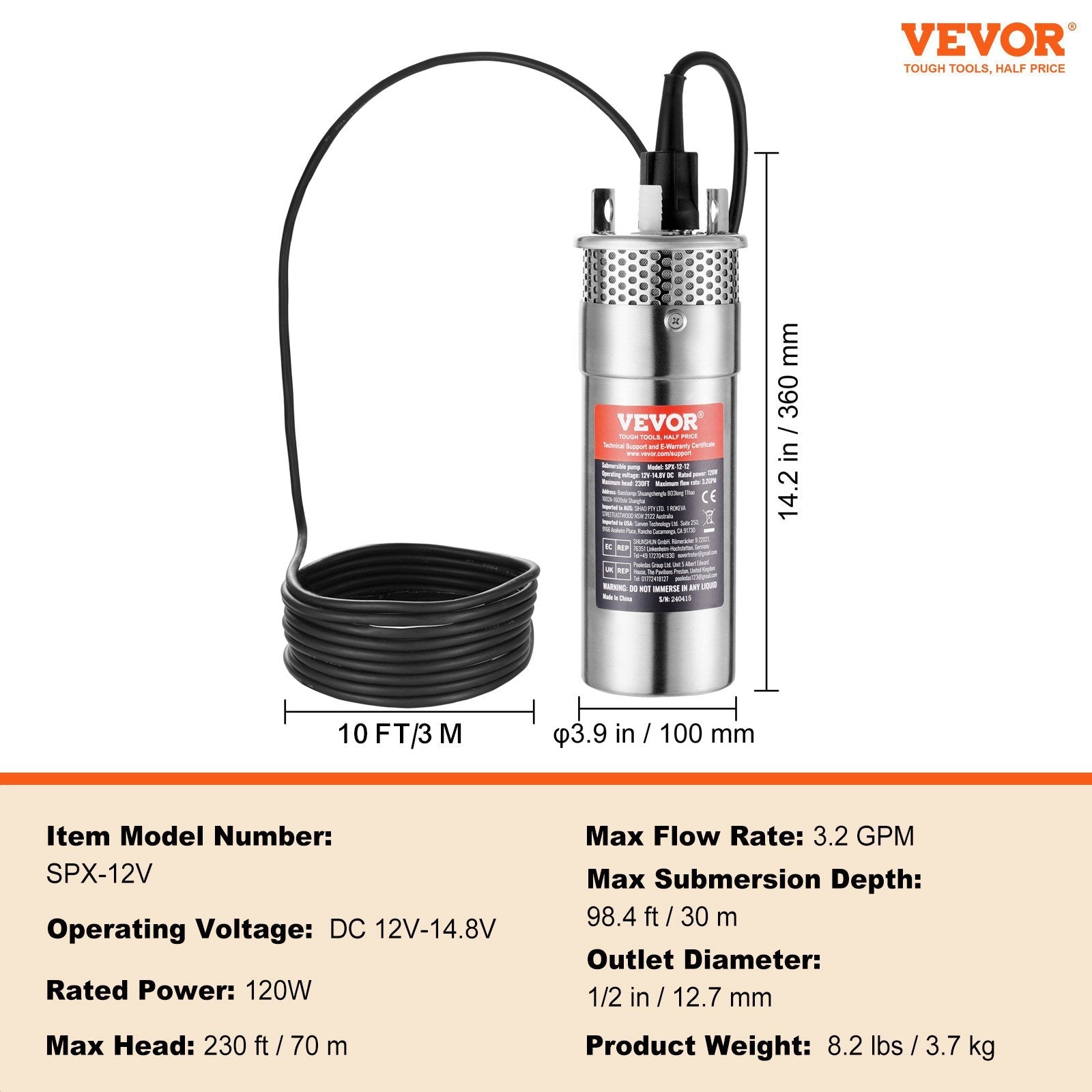 VEVOR Solar Water Pump, 12V DC 120W Submersible Deep Well Pump, Max Flow 3.2 GPM, Max Head 230 ft, Max Submersion 98.4 ft, Solar Powered Water Pump for Well, Farm Ranch Irrigation, Livestock Drinking 