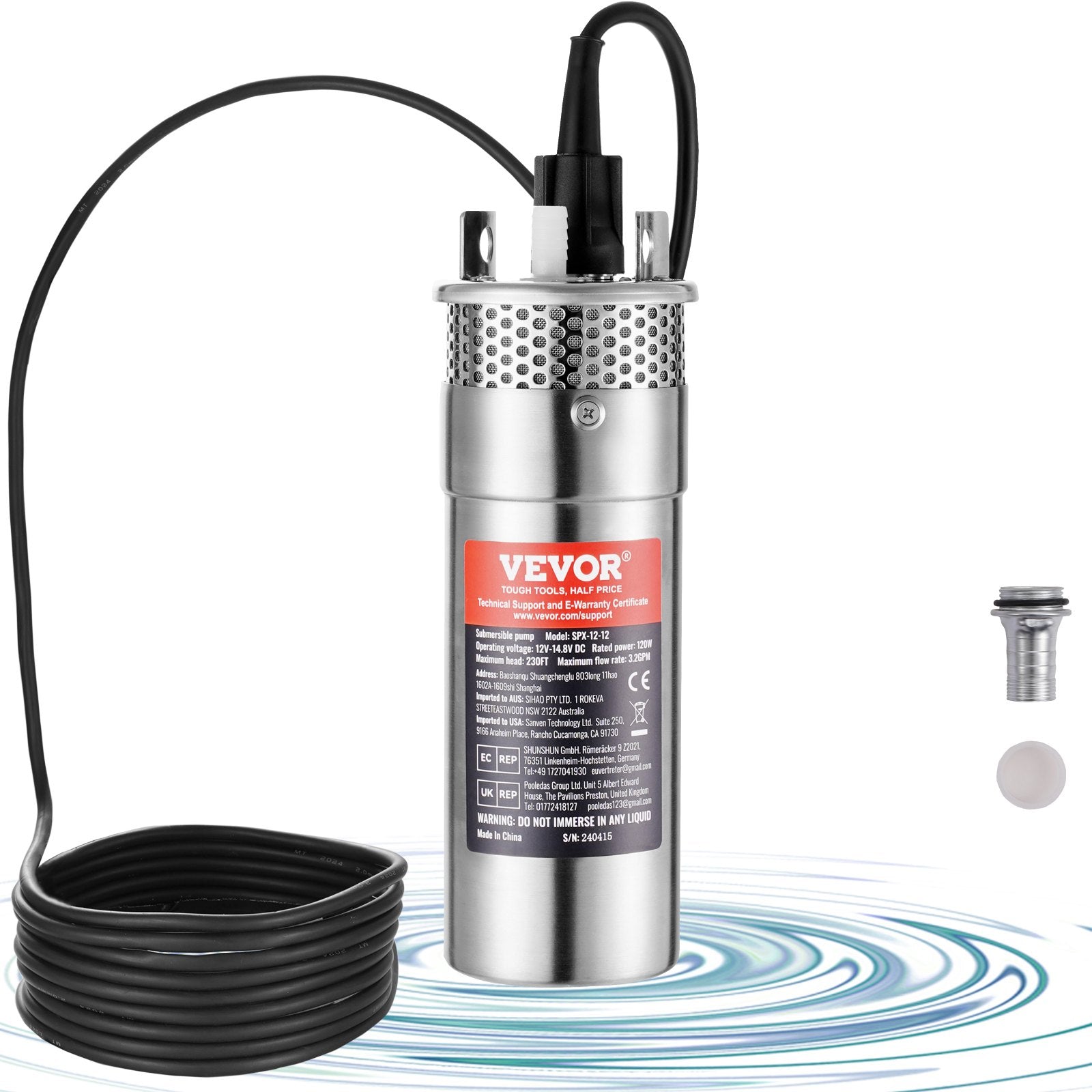 VEVOR Solar Water Pump, 12V DC 120W Submersible Deep Well Pump, Max Flow 3.2 GPM, Max Head 230 ft, Max Submersion 98.4 ft, Solar Powered Water Pump for Well, Farm Ranch Irrigation, Livestock Drinking 