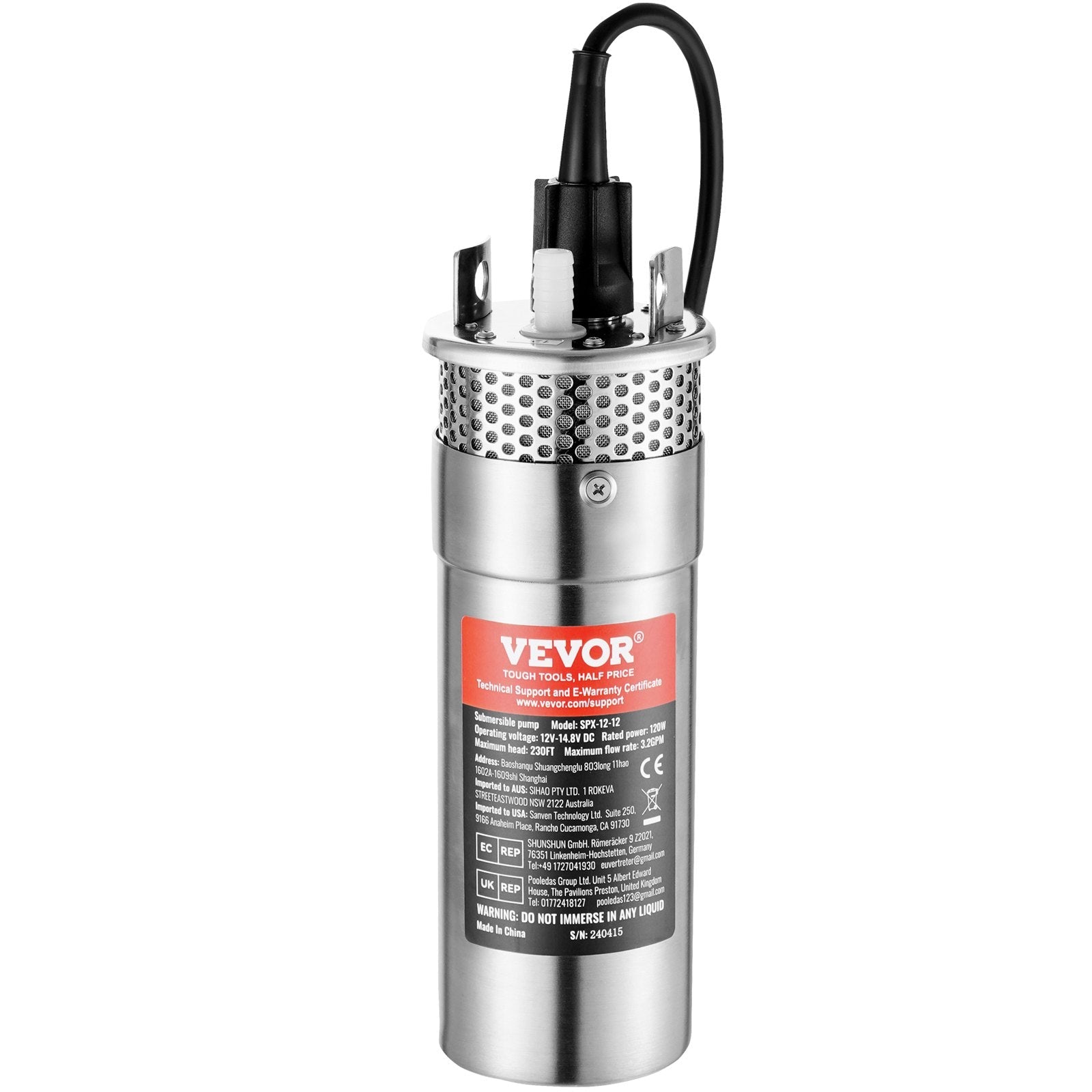 VEVOR Solar Water Pump, 12V DC 120W Submersible Deep Well Pump, Max Flow 3.2 GPM, Max Head 230 ft, Max Submersion 98.4 ft, Solar Powered Water Pump for Well, Farm Ranch Irrigation, Livestock Drinking 