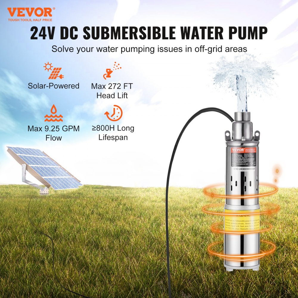 VEVOR Solar Water Pump, 24V DC 277W Submersible Deep Well Pump, Max Flow 9.25 GPM, Max Head 272 ft, Max Submersion 65.6 ft, Solar Powered Water Pump for Well, Farm Ranch Irrigation, Livestock Drinking 