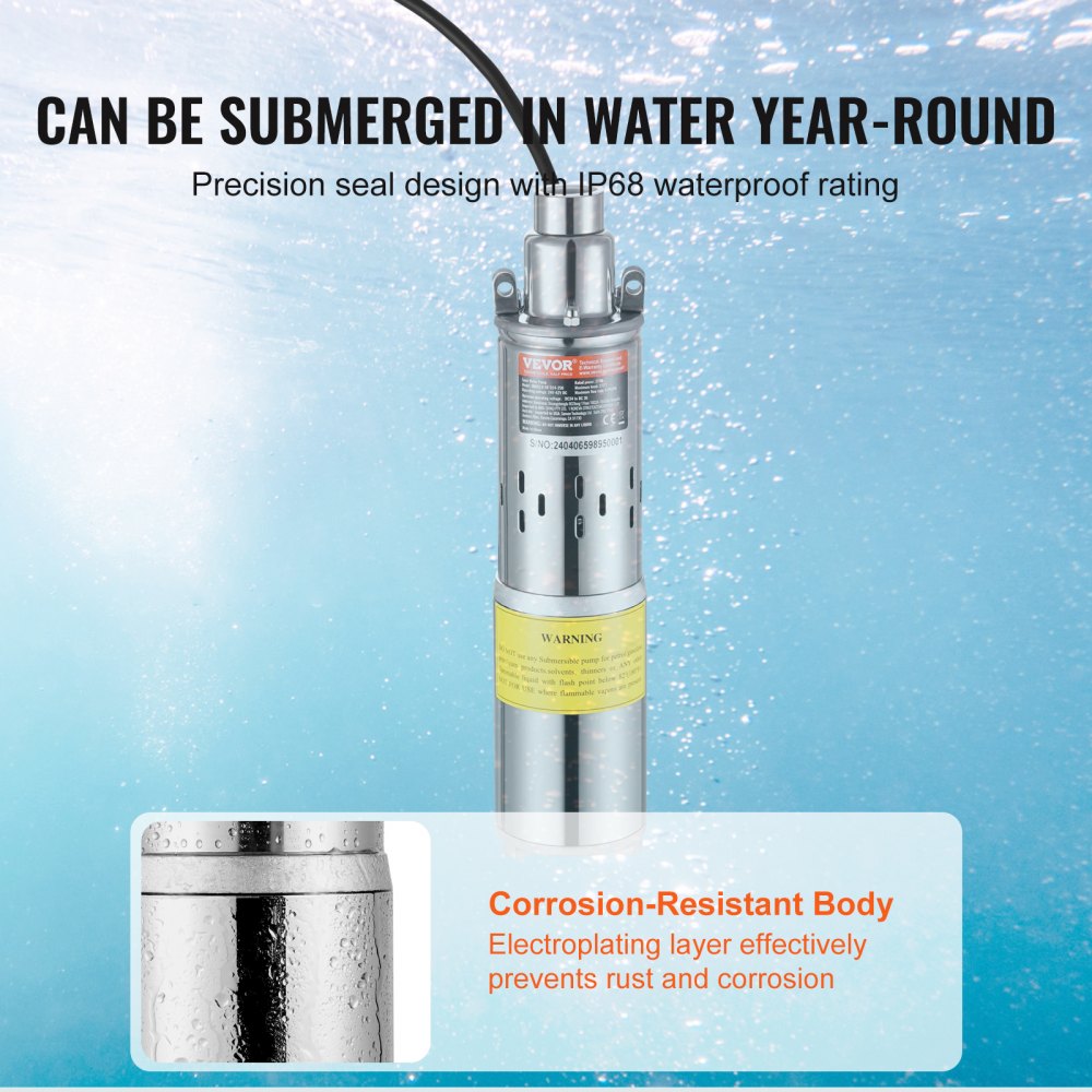 VEVOR Solar Water Pump, 24V DC 277W Submersible Deep Well Pump, Max Flow 9.25 GPM, Max Head 272 ft, Max Submersion 65.6 ft, Solar Powered Water Pump for Well, Farm Ranch Irrigation, Livestock Drinking 